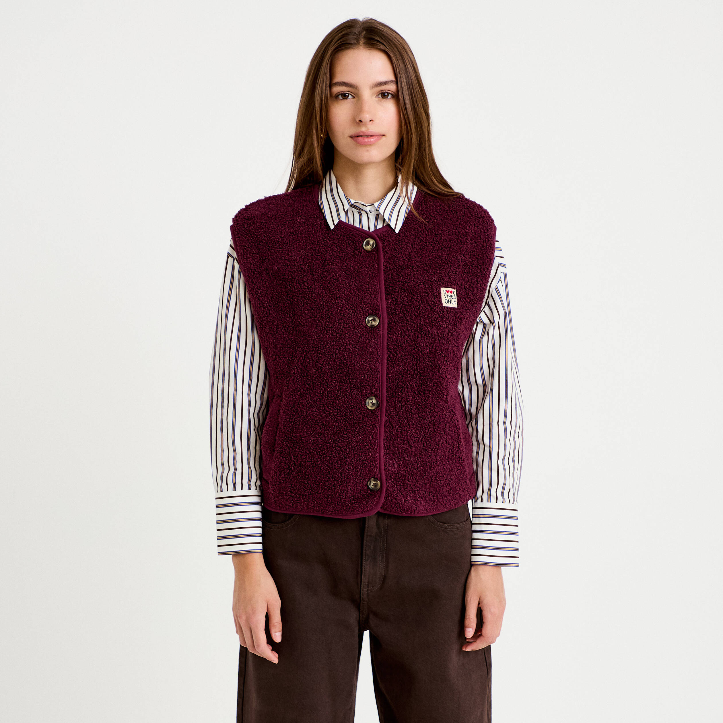 Veste sans manches fausse fourrure prune femme