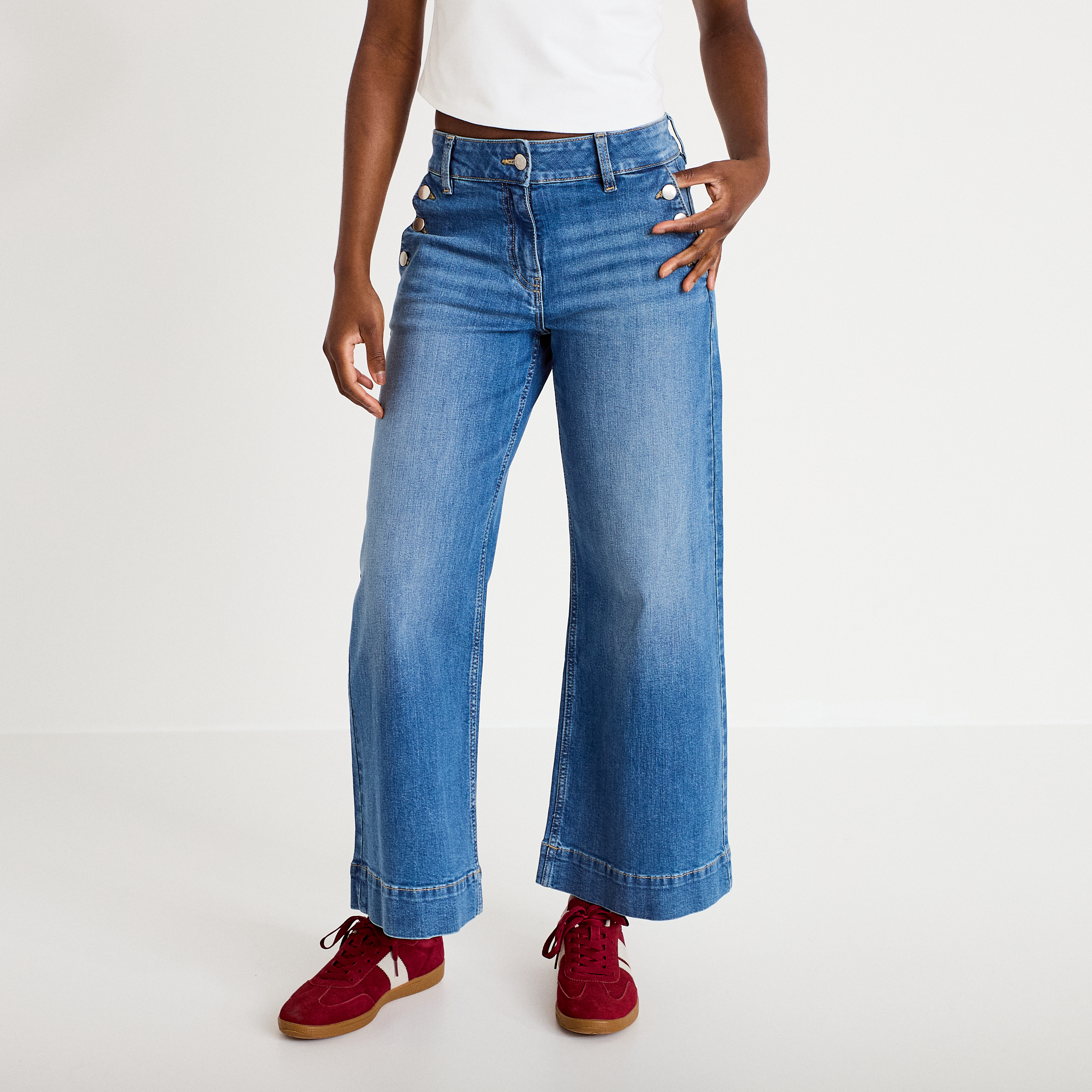 Jean wide leg cropped taille haute denim double stone femme