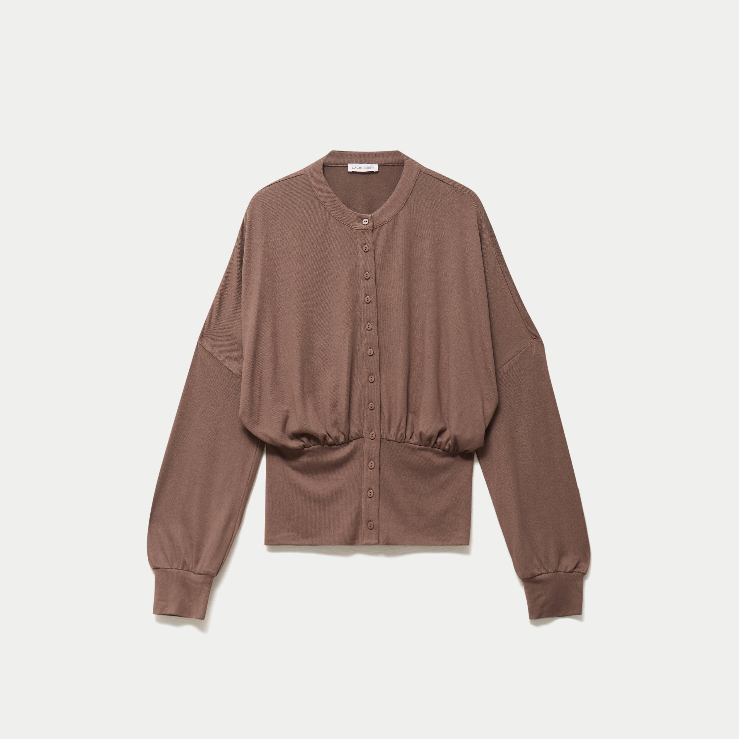 Gilet bas resserr&eacute; manches longues marron clair femme