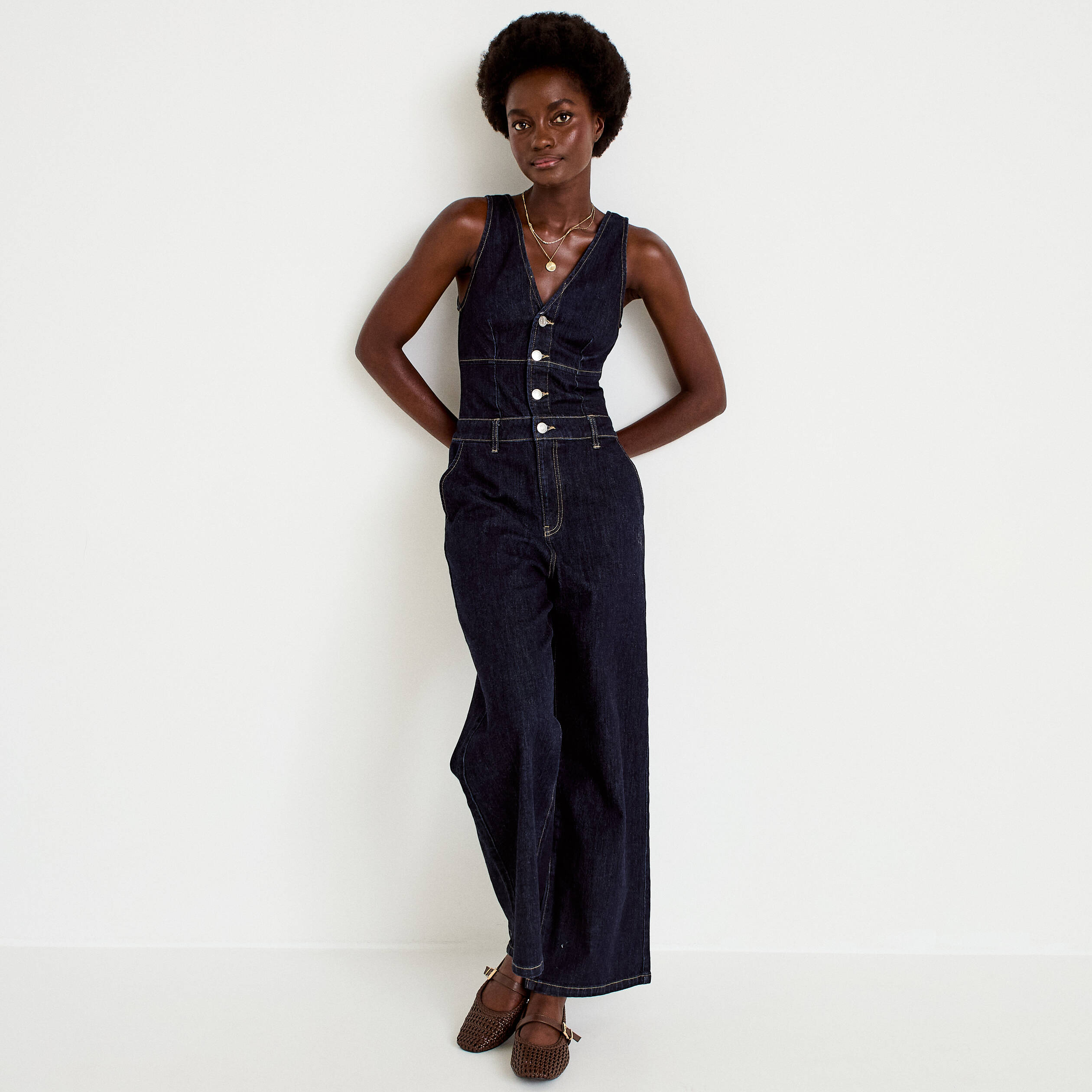 Combinaison jean large sans manches denim brut femme