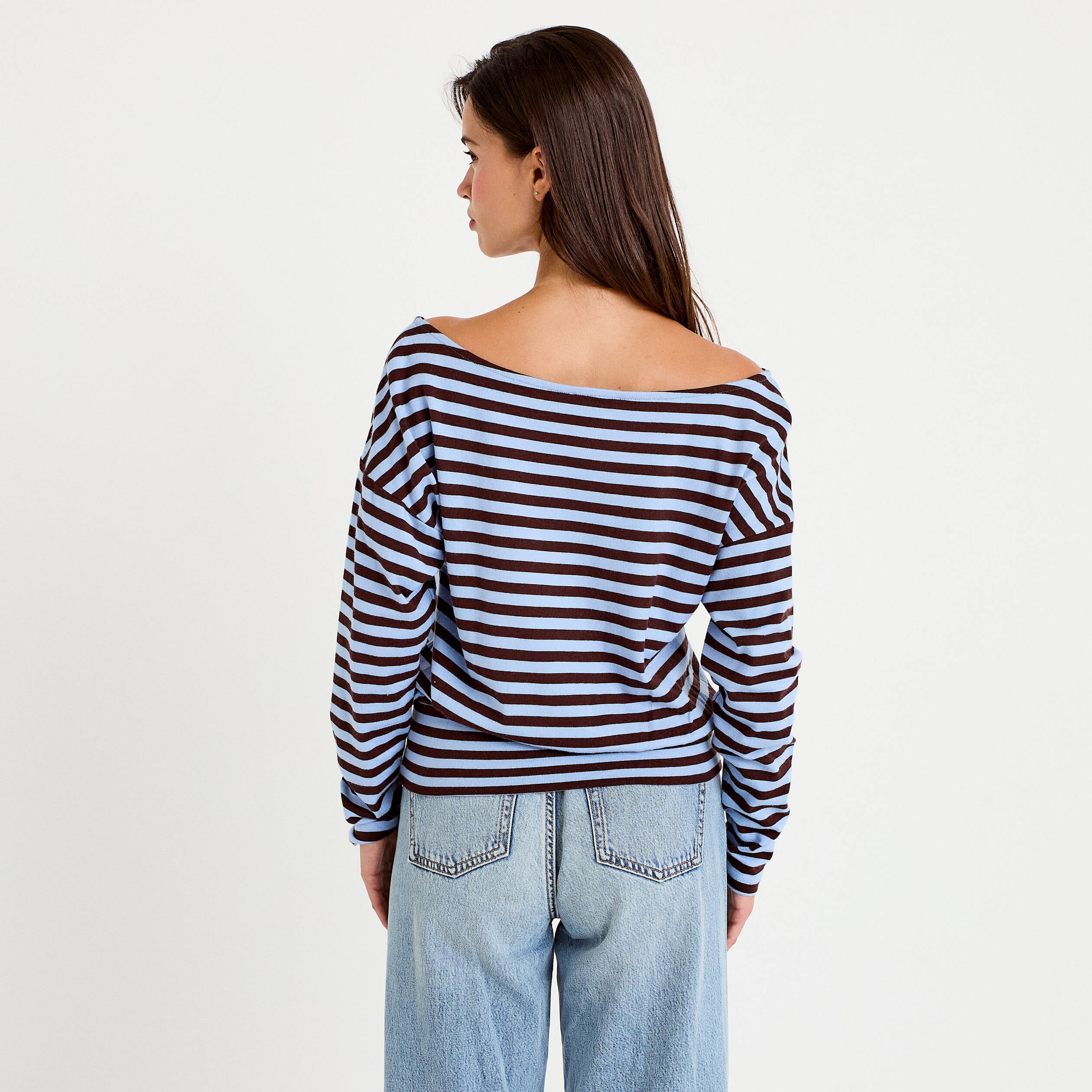 T-shirt col bateau manches longues bleu femme