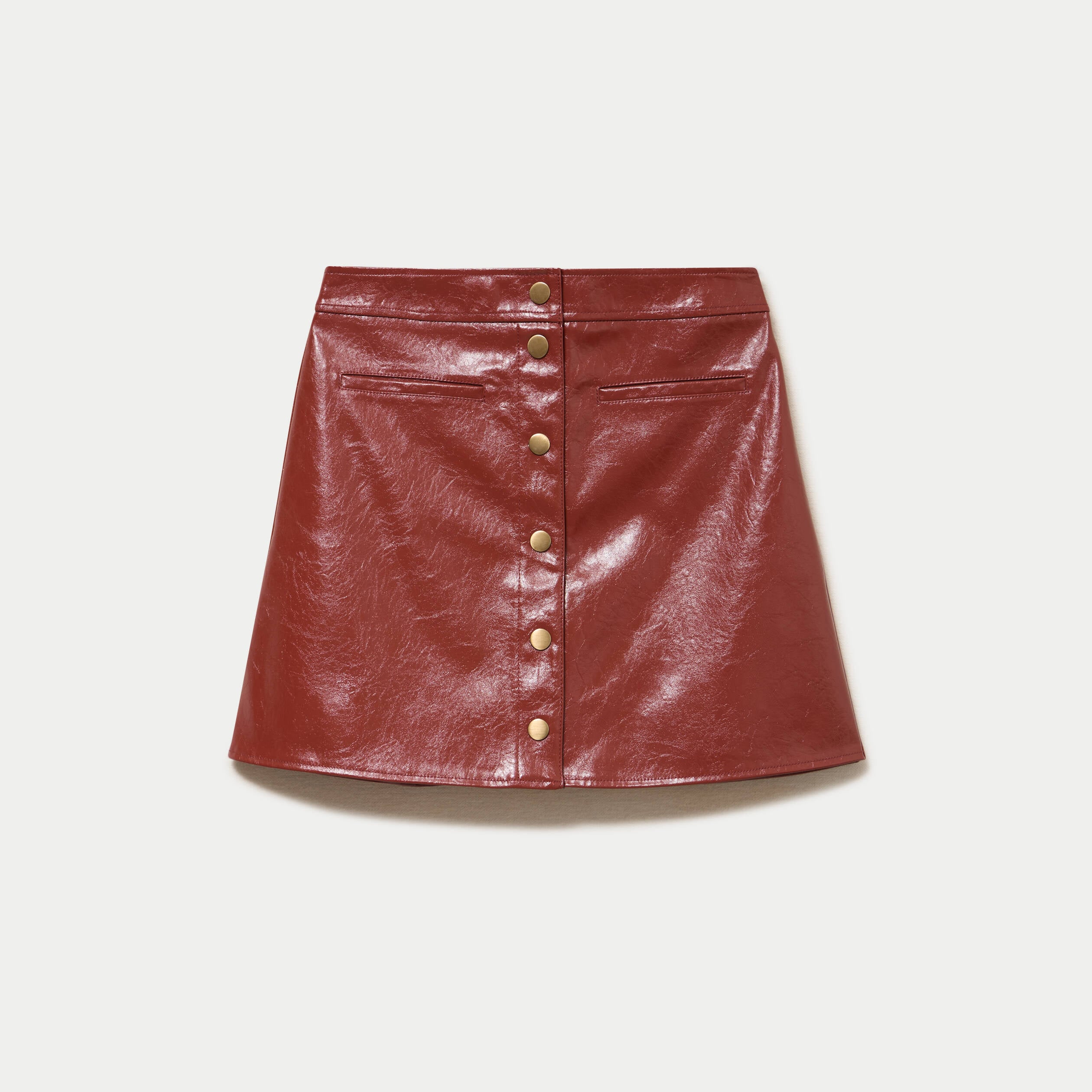 Jupe trap&egrave;ze courte en similicuir marron cognac femme