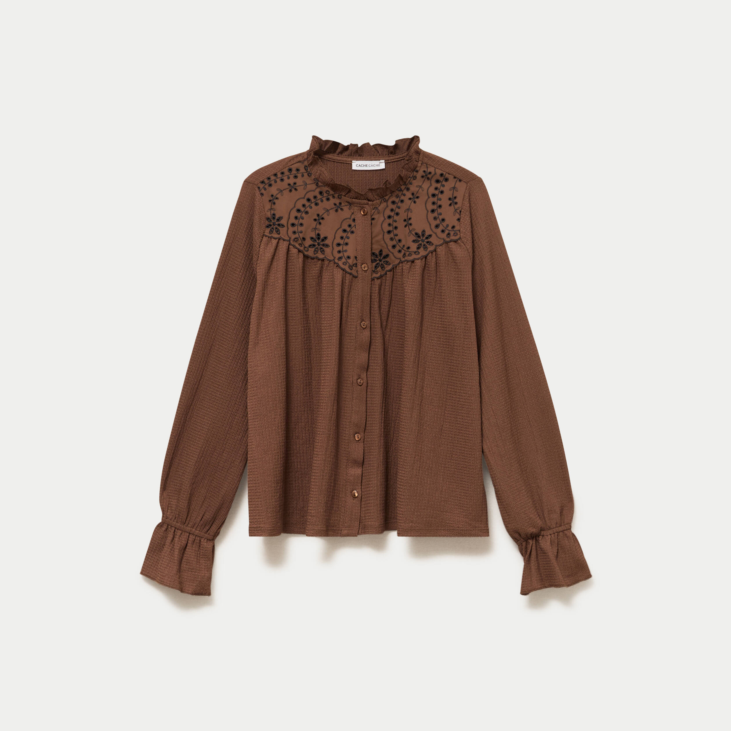 Blouse droite manches longues pliss&eacute;e marron femme