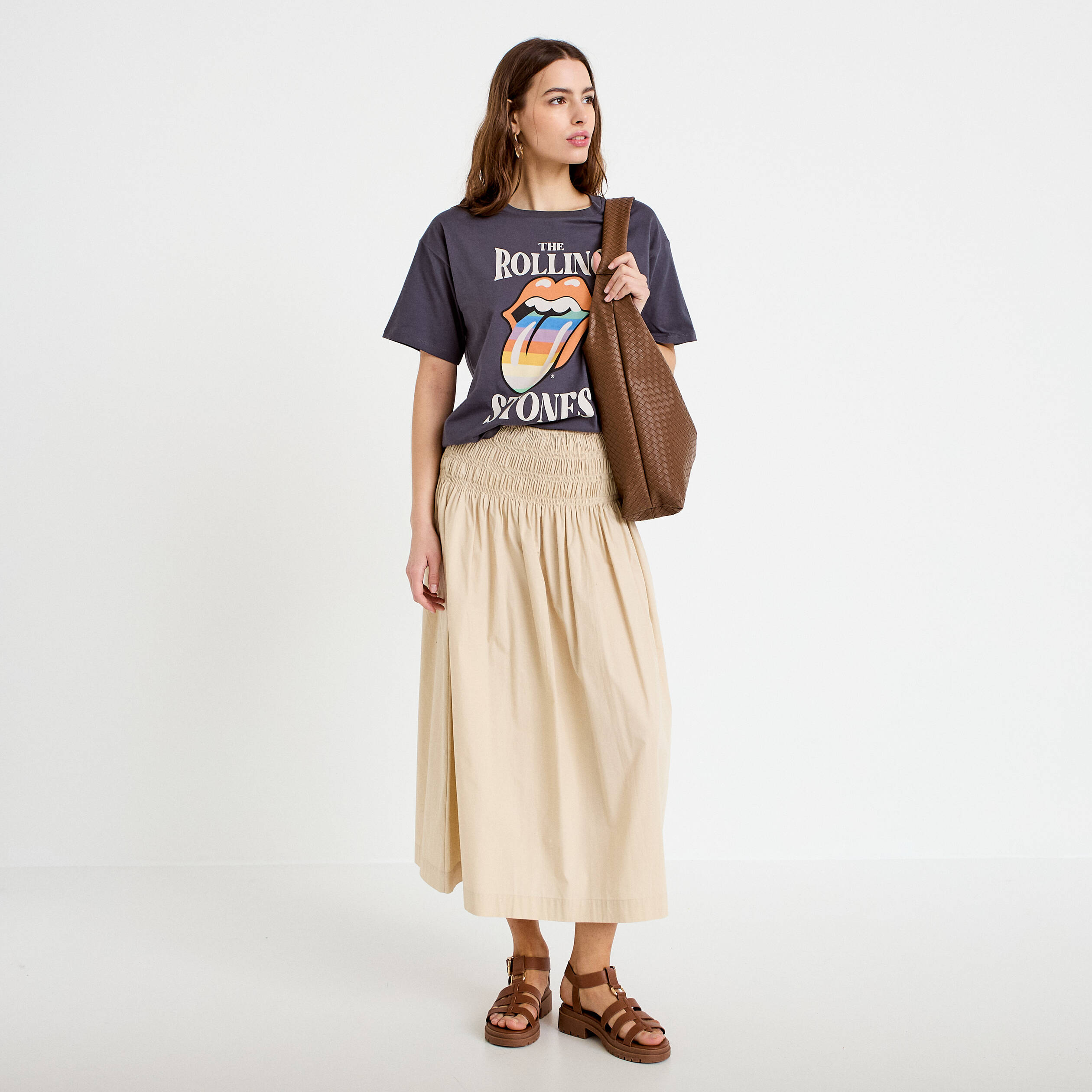 Jupon &eacute;vas&eacute; taille smock&eacute;e beige femme