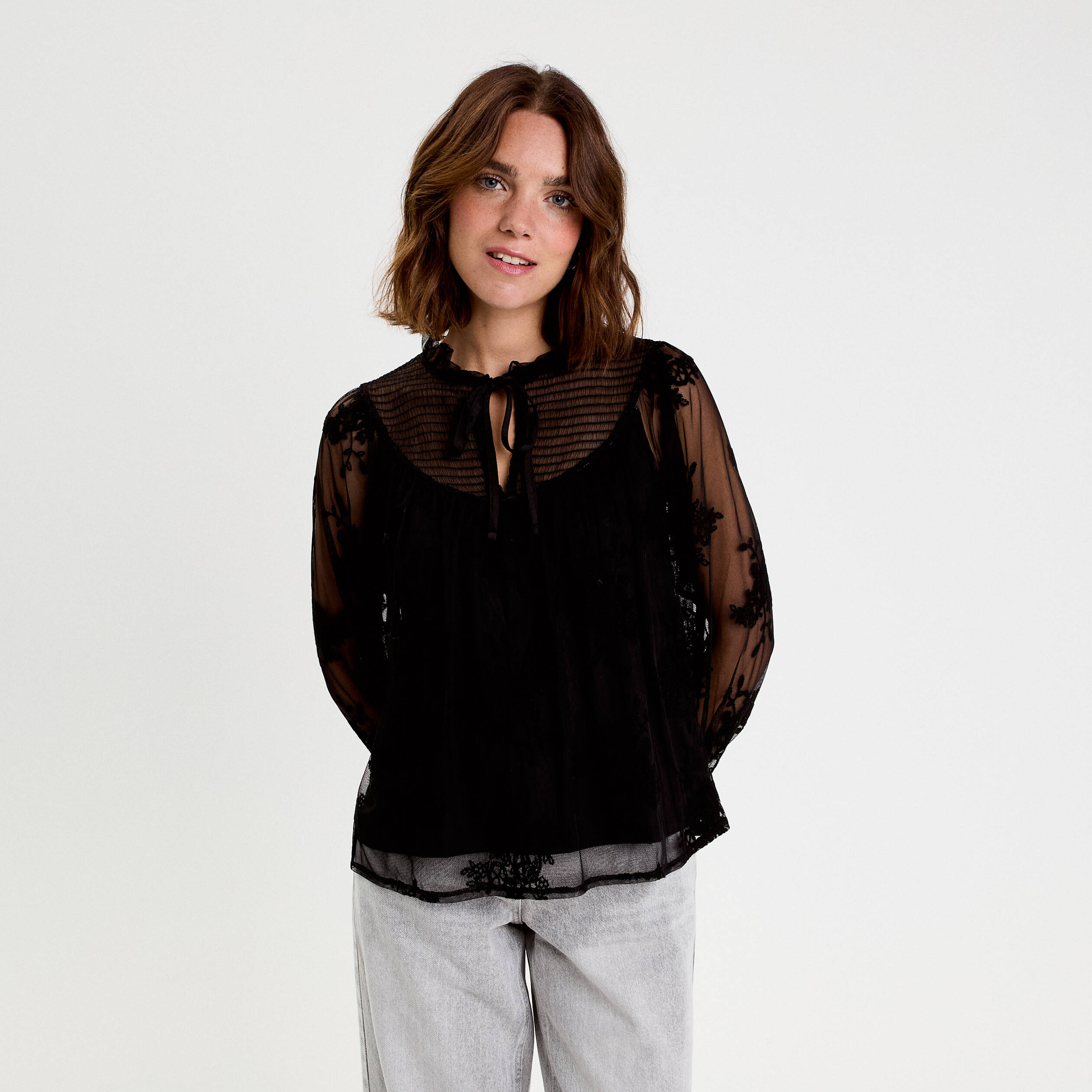 Blouse dentelle manches longues noir femme