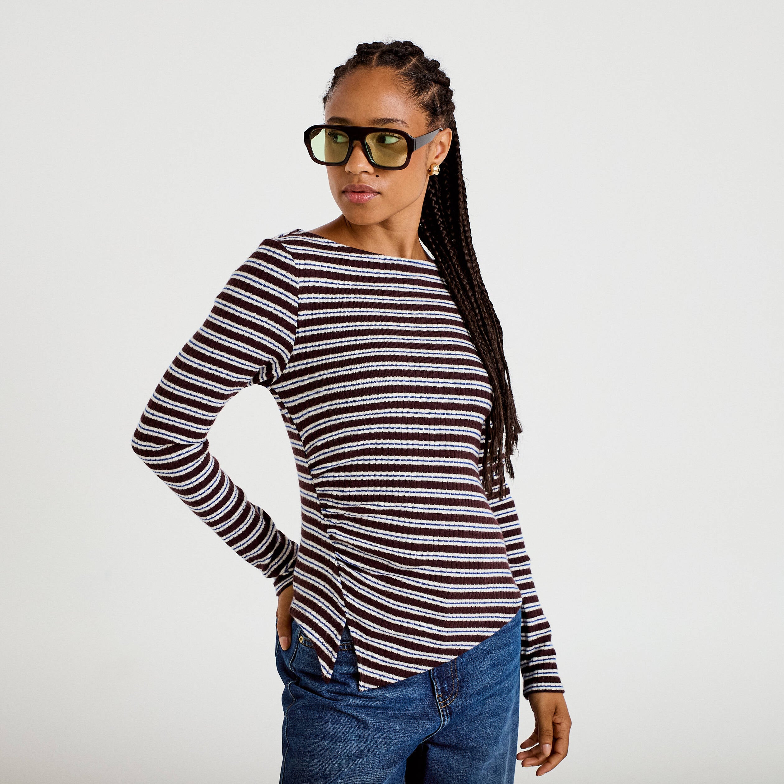 Top ajust&eacute; manches longues col rond marron femme