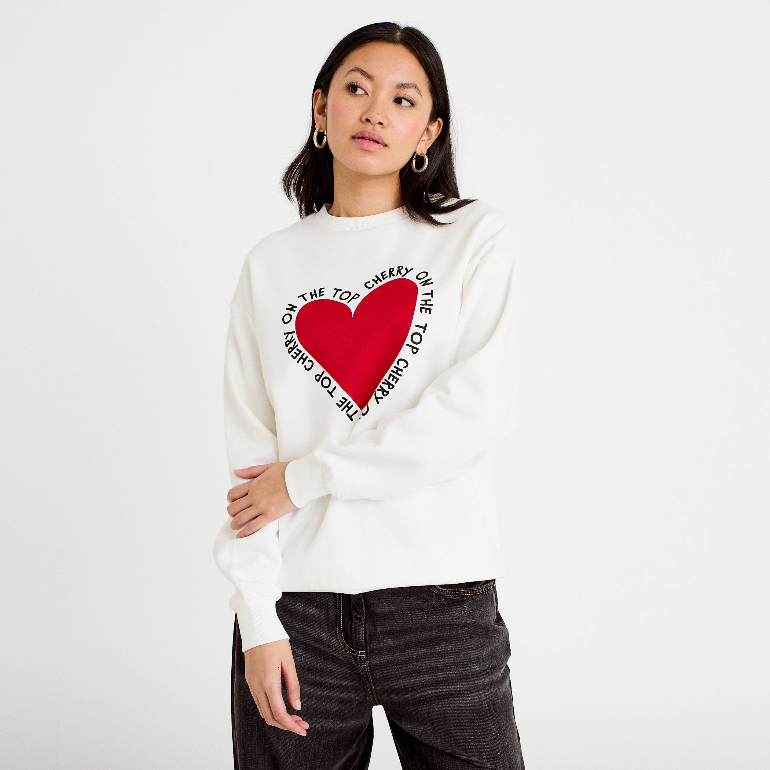 Sweat oversize long col rond ecru femme