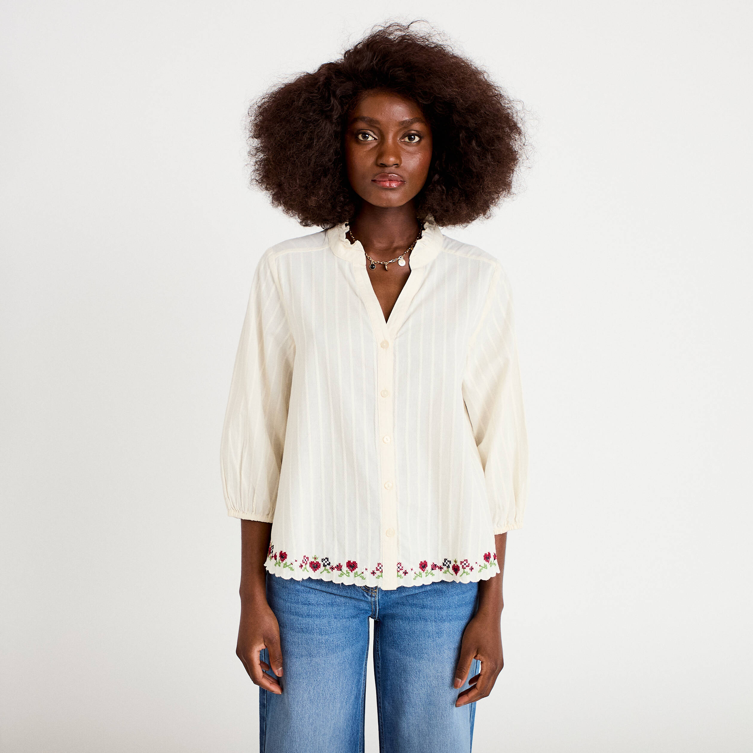 Blouse broderie col v manches 3/4 ecru femme