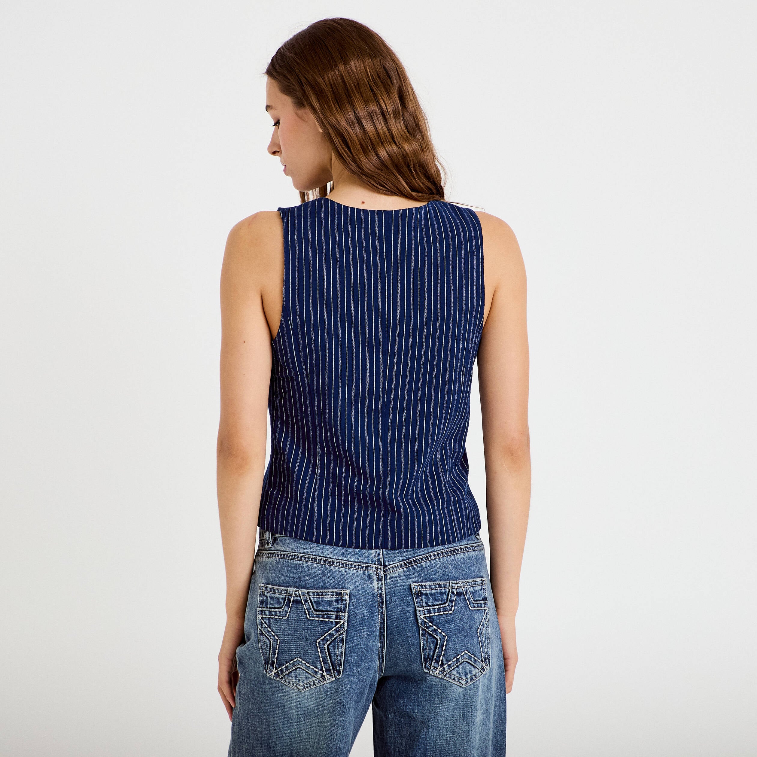 Gilet ajust&eacute; sans manches col rond bleu femme