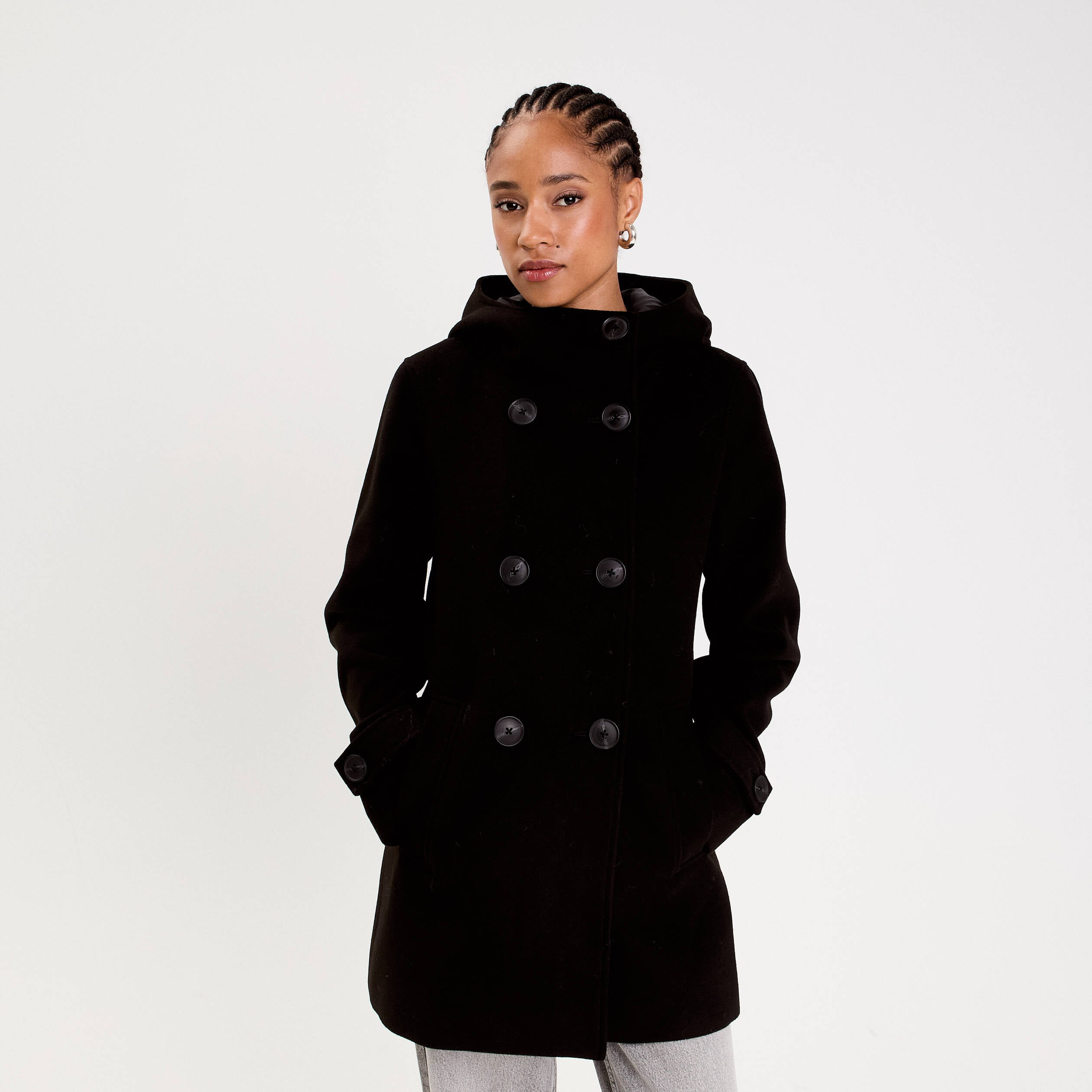 Manteau ajust&eacute; 3/4 &agrave; capuche noir femme