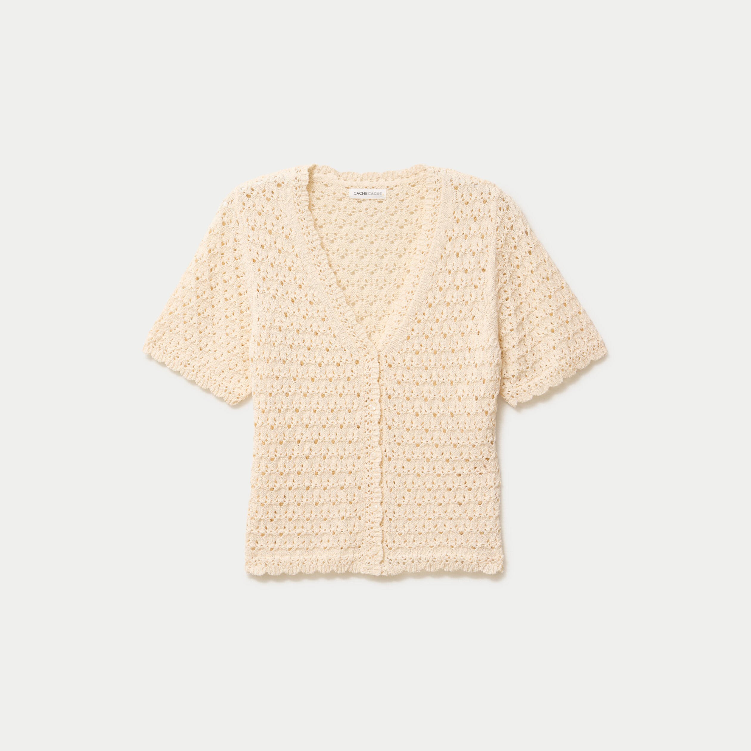 Gilet ajour&eacute; col v manches courtes ecru femme