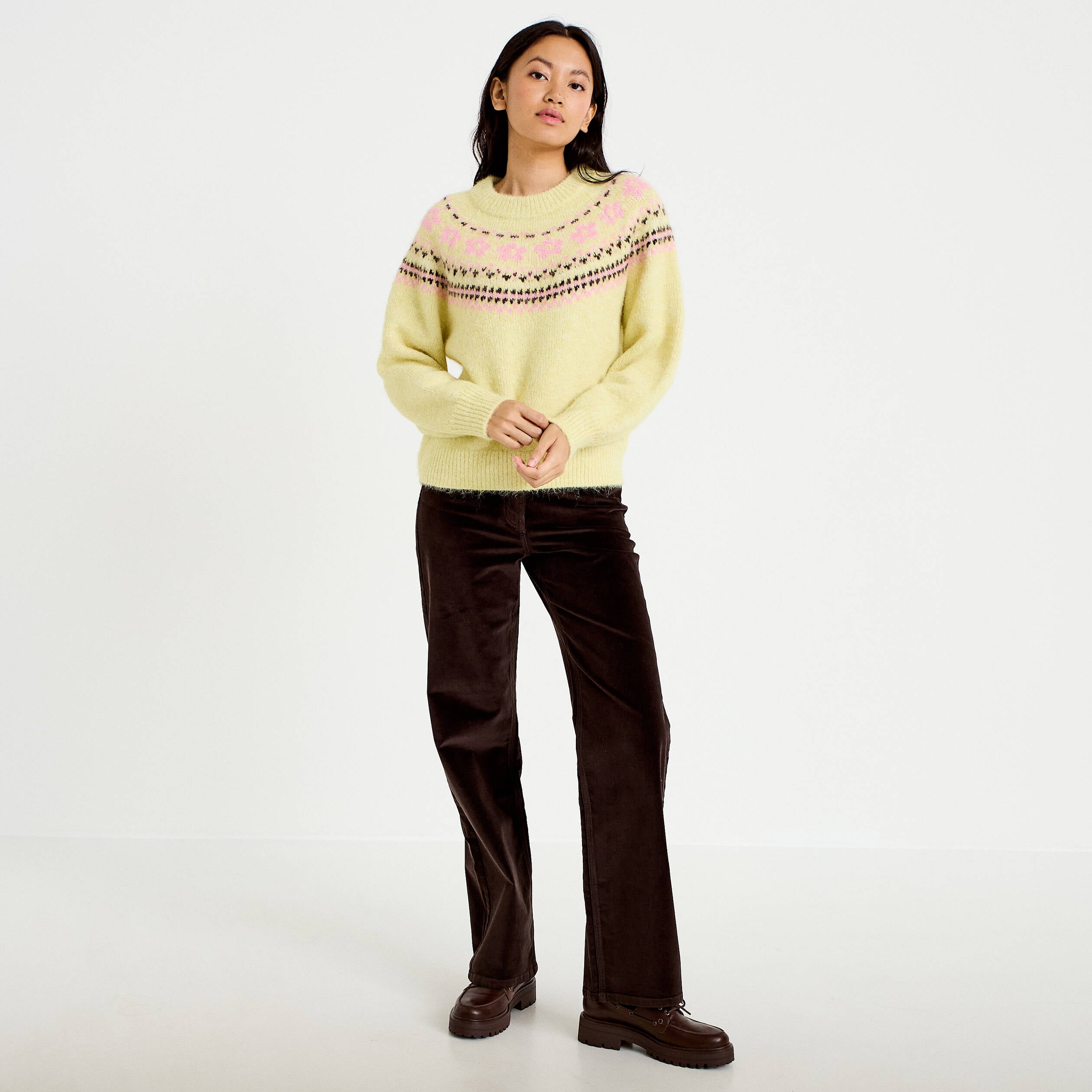 Pull col rond manches longues jaune clair femme
