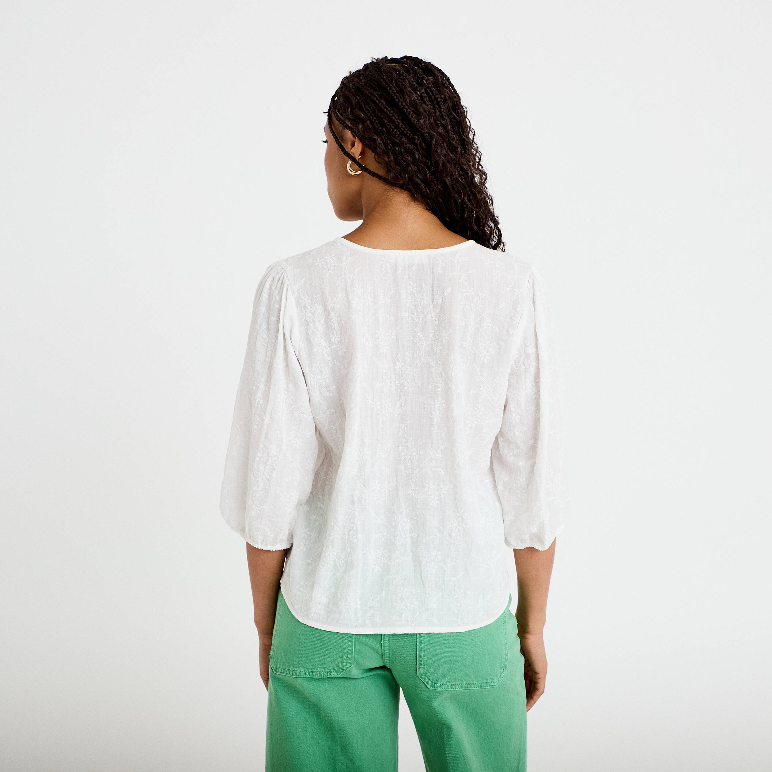 Blouse droite pliss&eacute;e manches 3/4 blanc femme