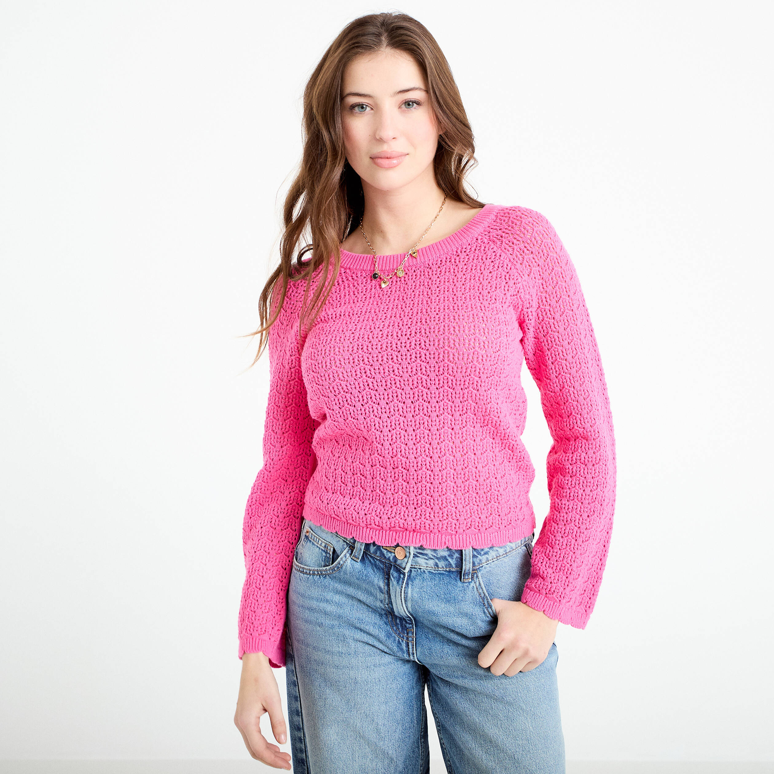 Pull ajour&eacute; rose fushia femme