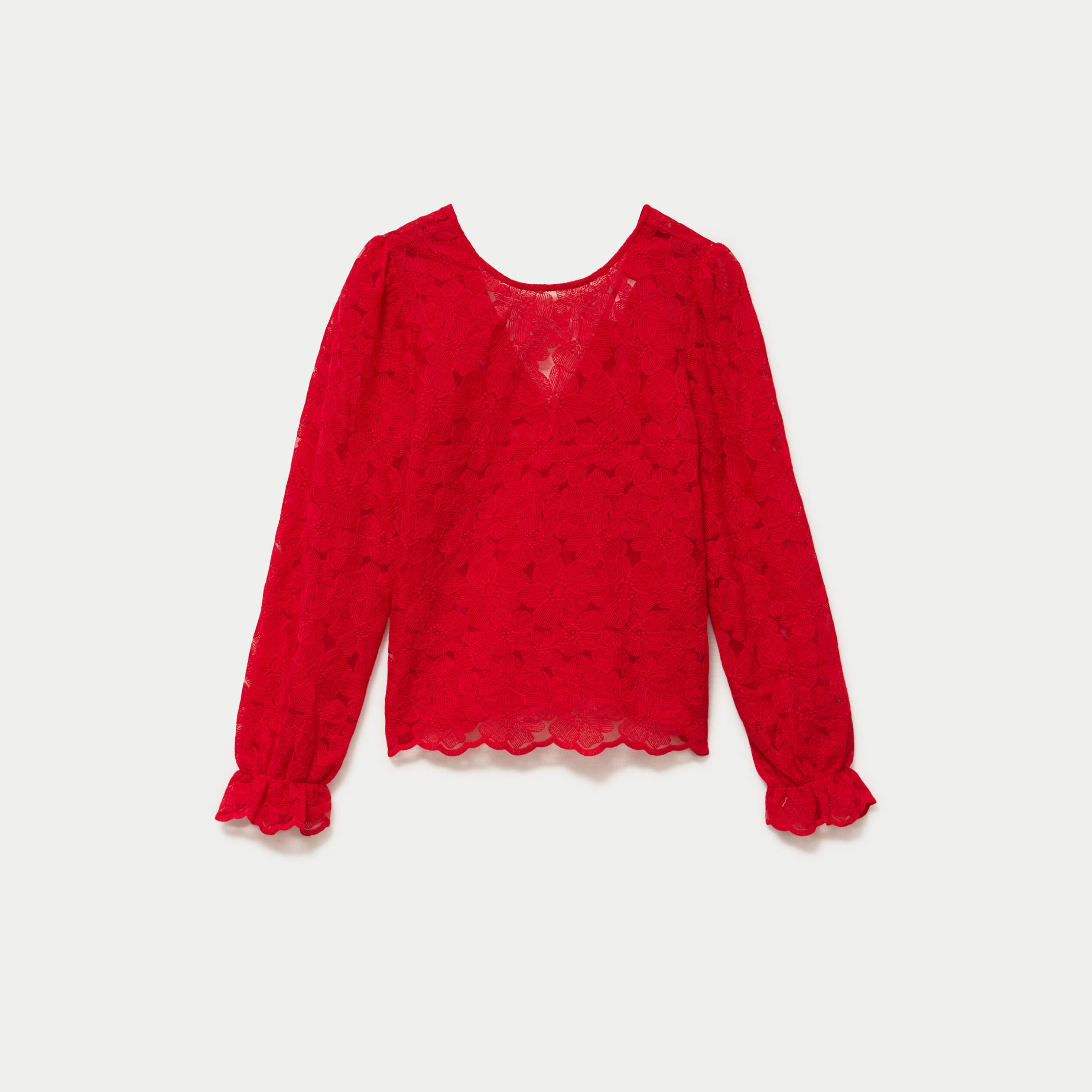 Blouse en dentelle d&eacute;collet&eacute; dos rouge femme