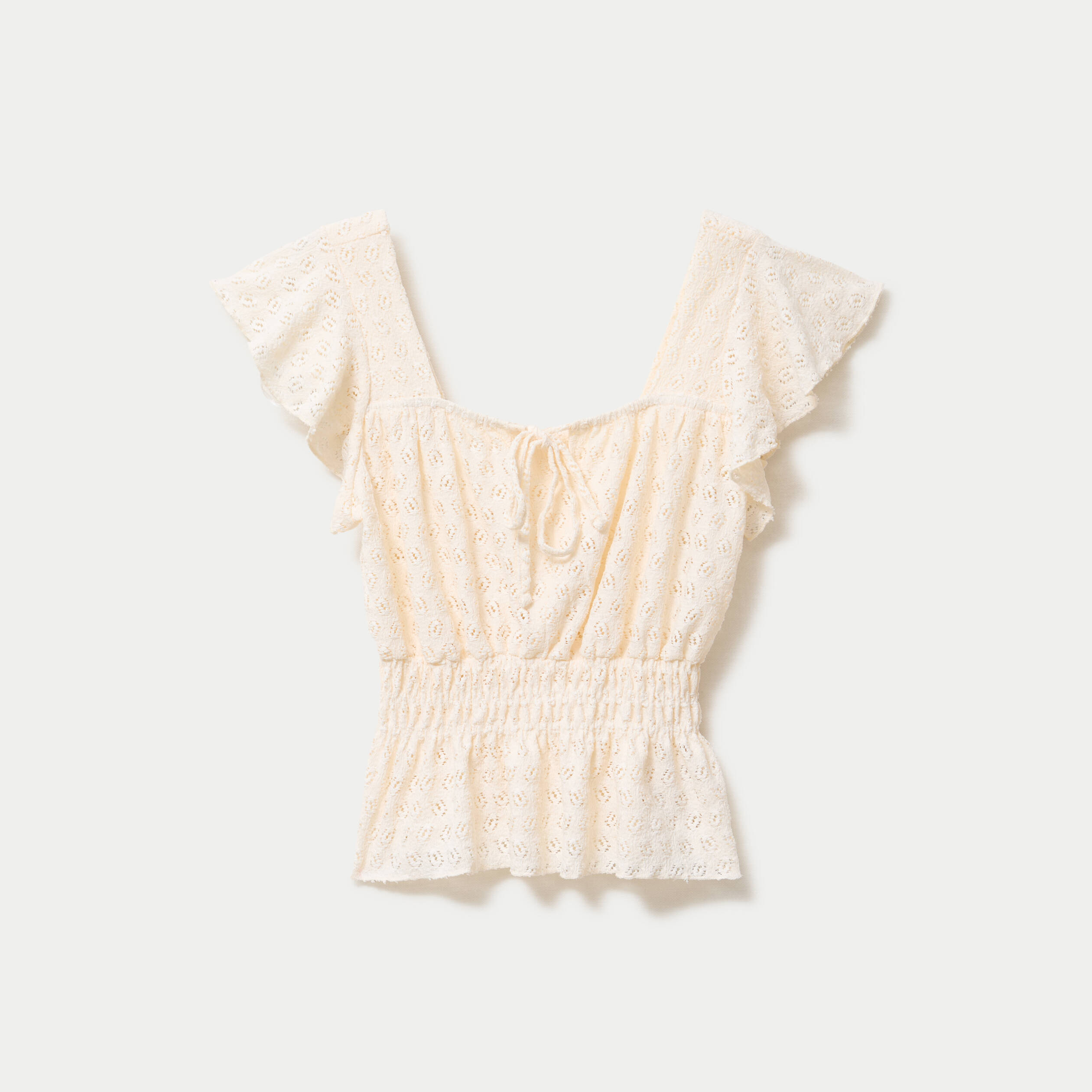 Blouse ajour&eacute;e col carr&eacute; manches courtes ecru femme