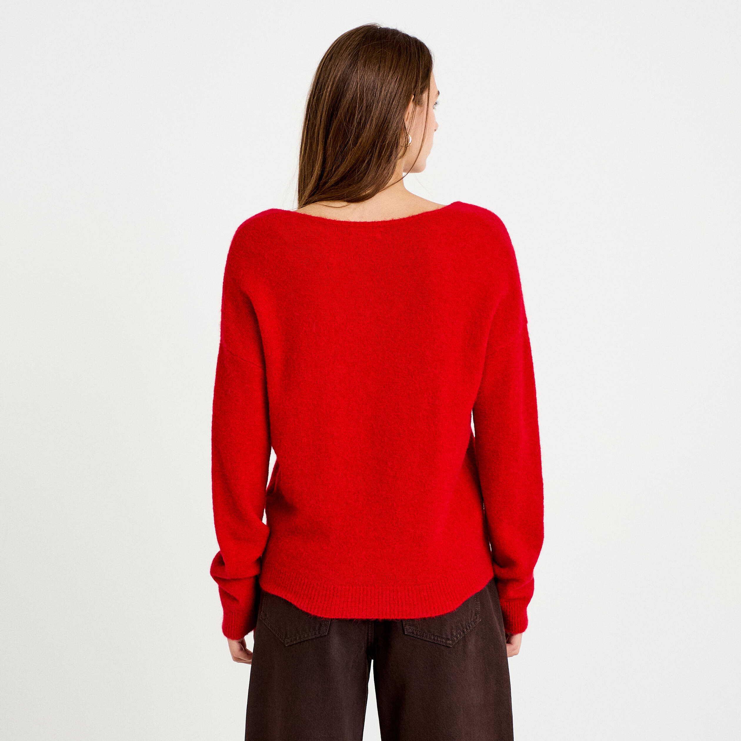 Pull avec col en V rouge femme