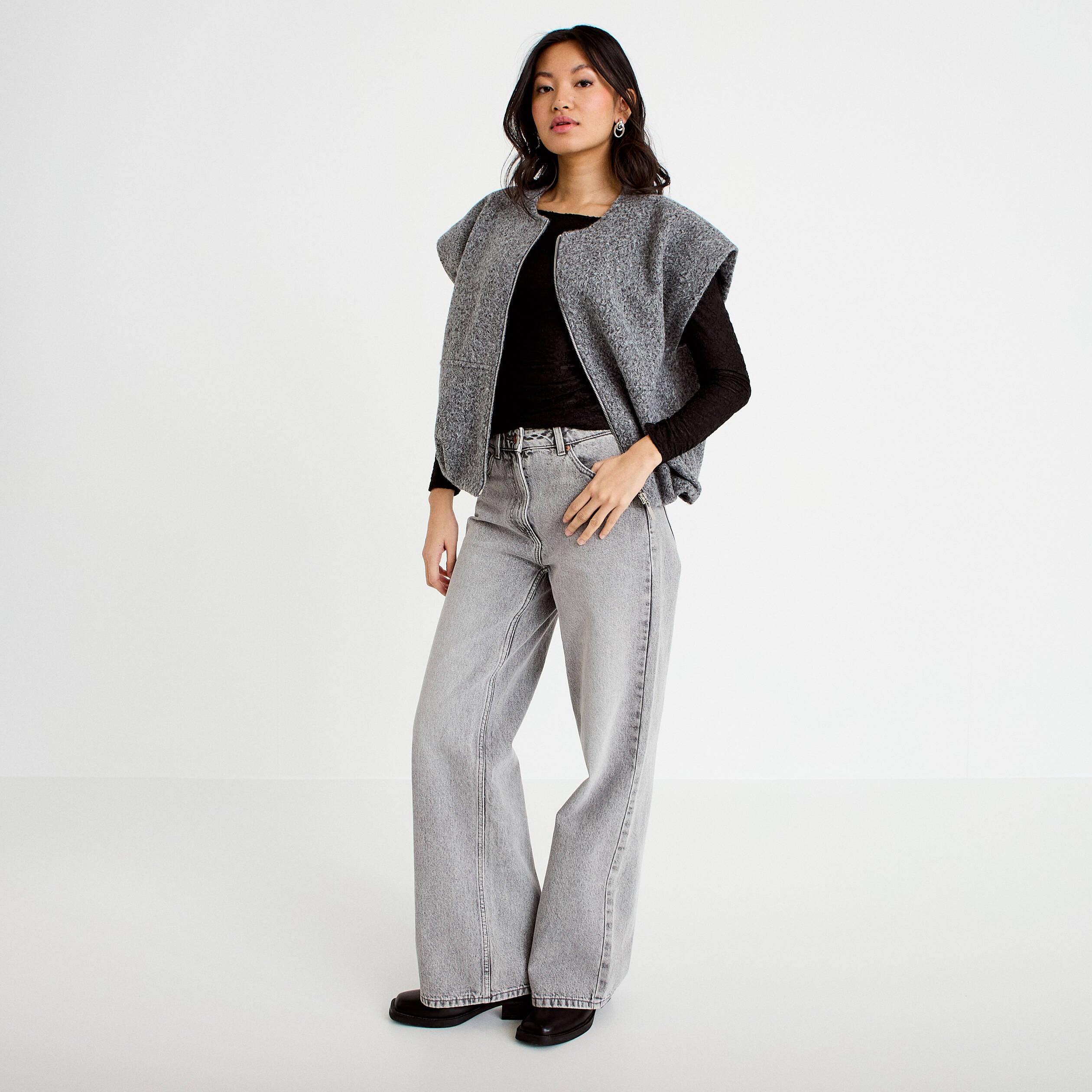 Gilet oversize sans manches col rond gris clair femme