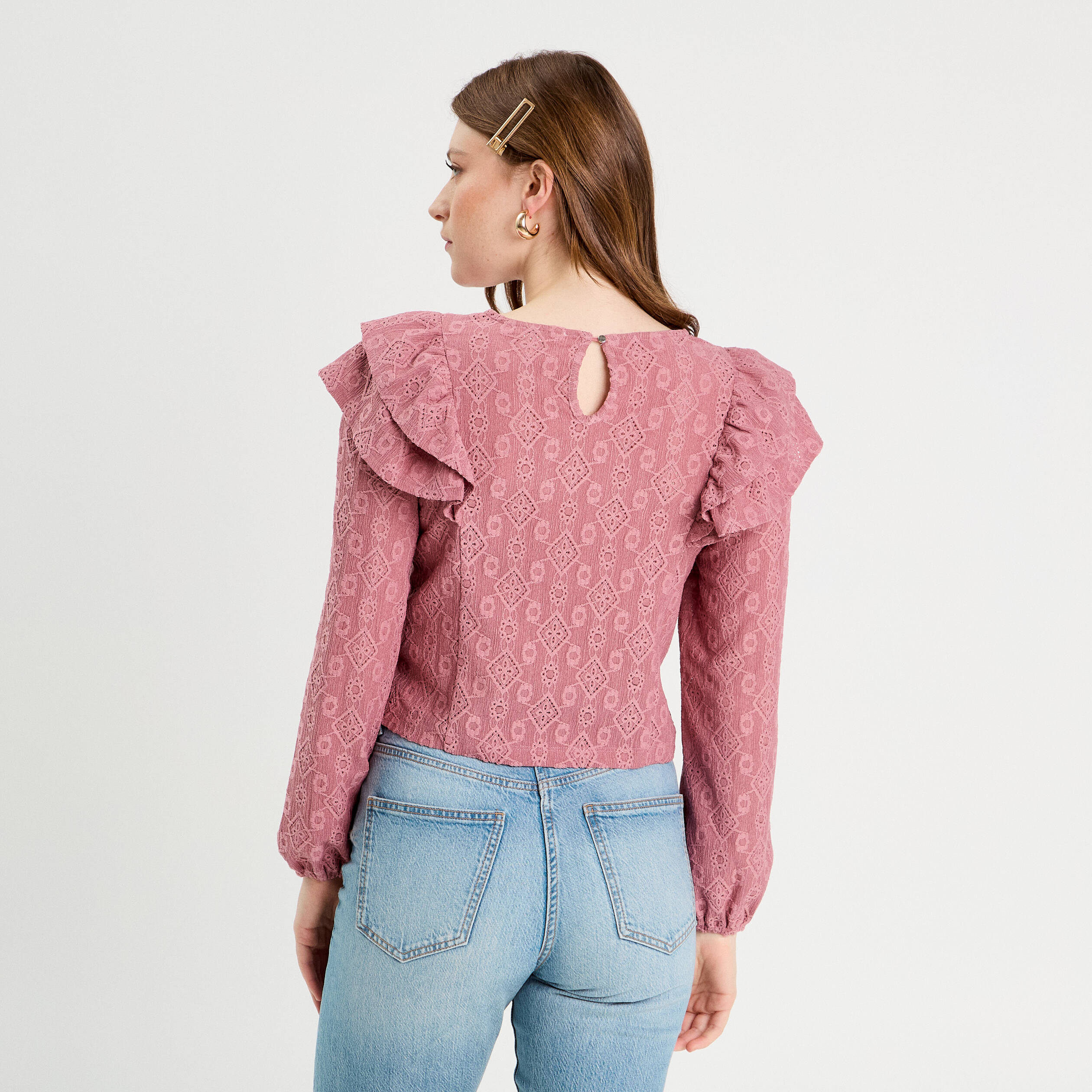 Blouse brod&eacute;e avec volants vieux rose femme