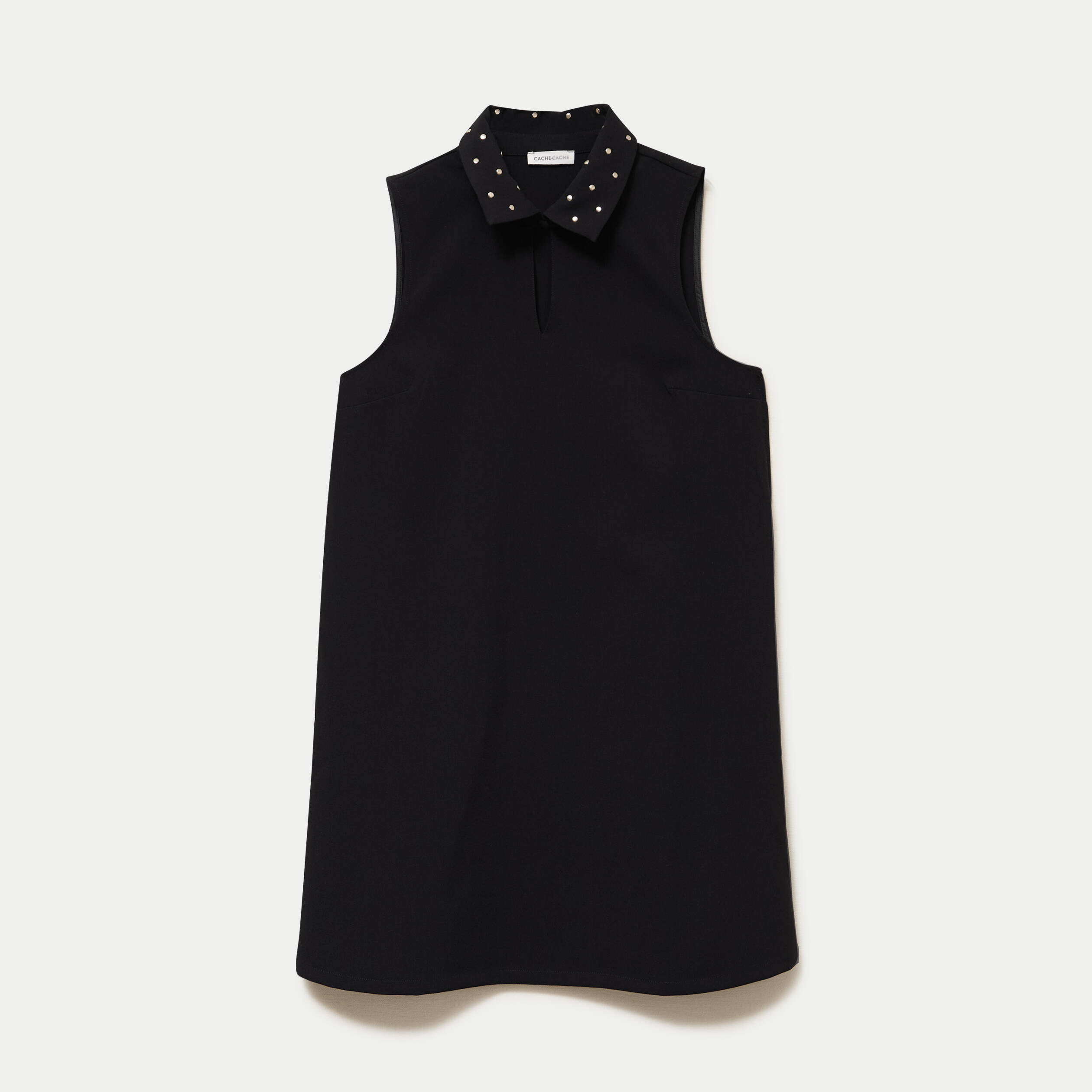 Robe droite courte col chemise clout&eacute;e noir femme