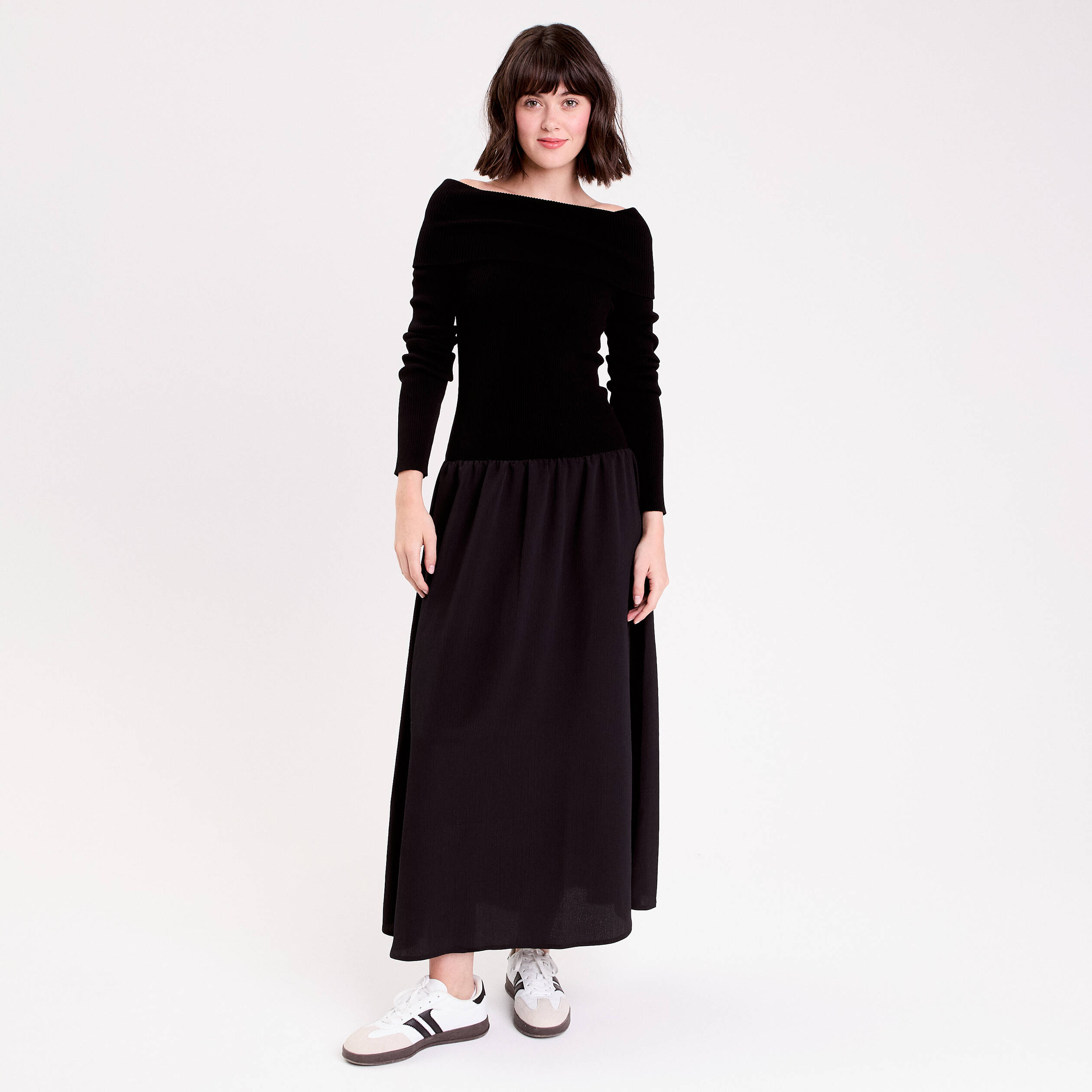 Robe longue effet 2-en-1 col bardot noir femme