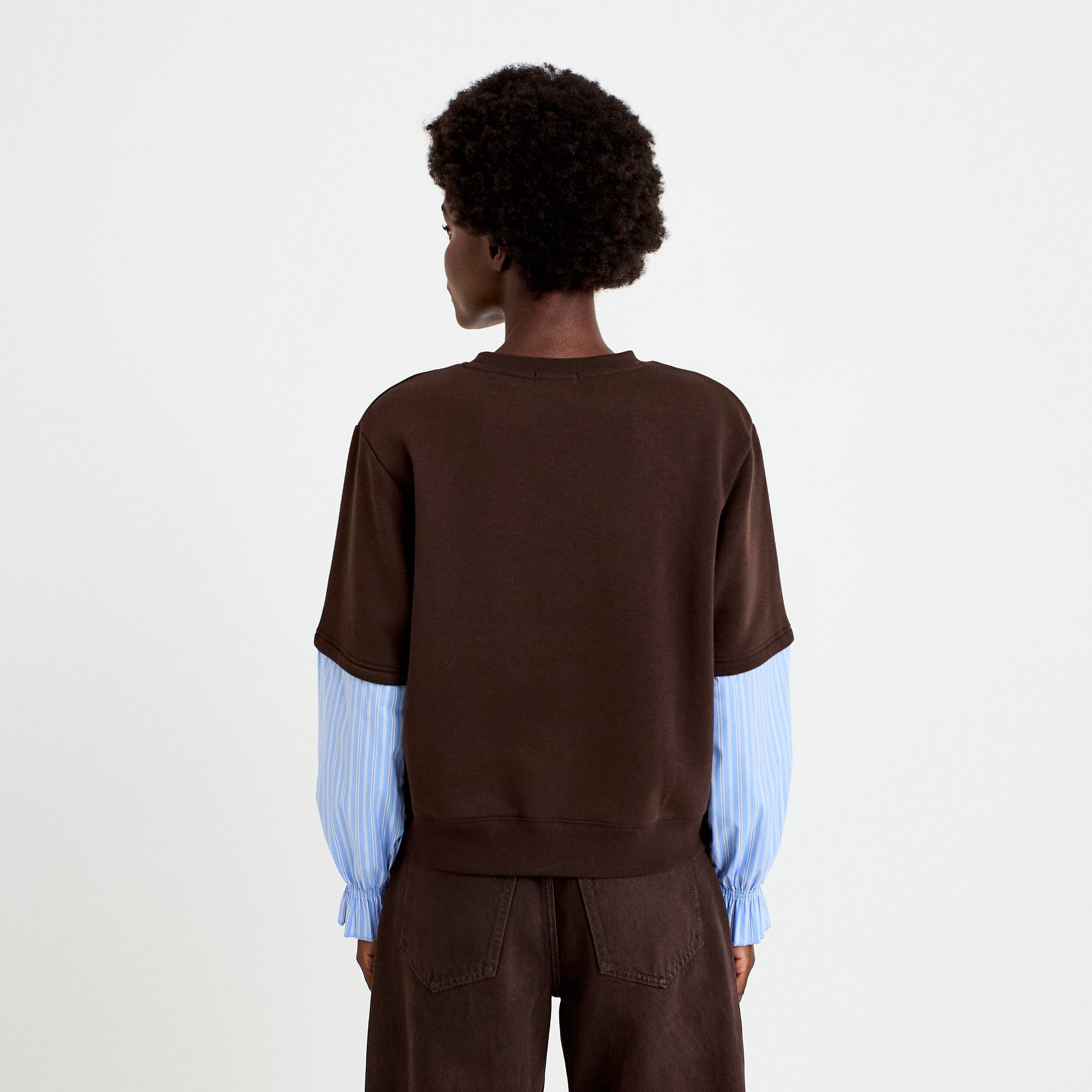 Sweat bi-mati&egrave;re manches longues marron fonc&eacute; femme
