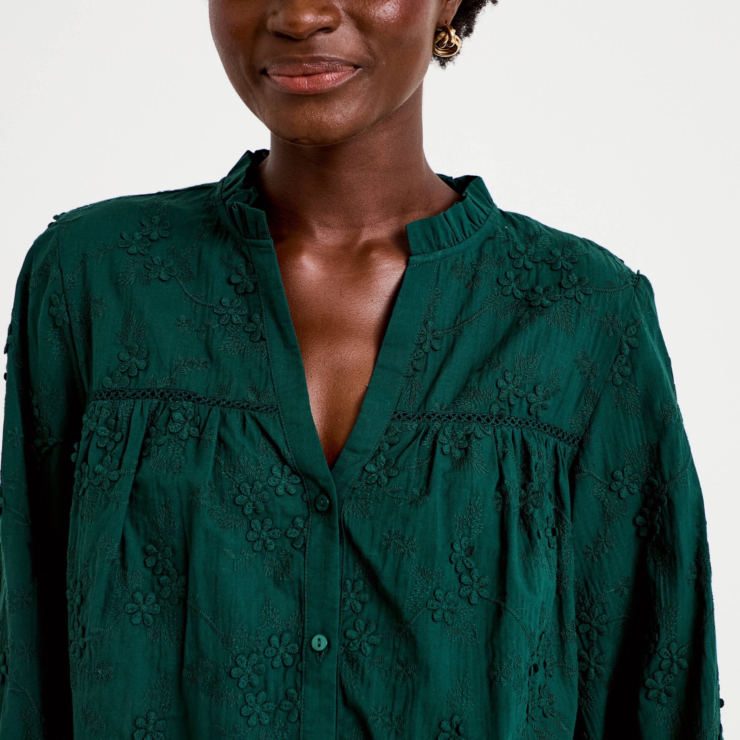 Blouse droite col rond manches longues vert fonc&eacute; femme