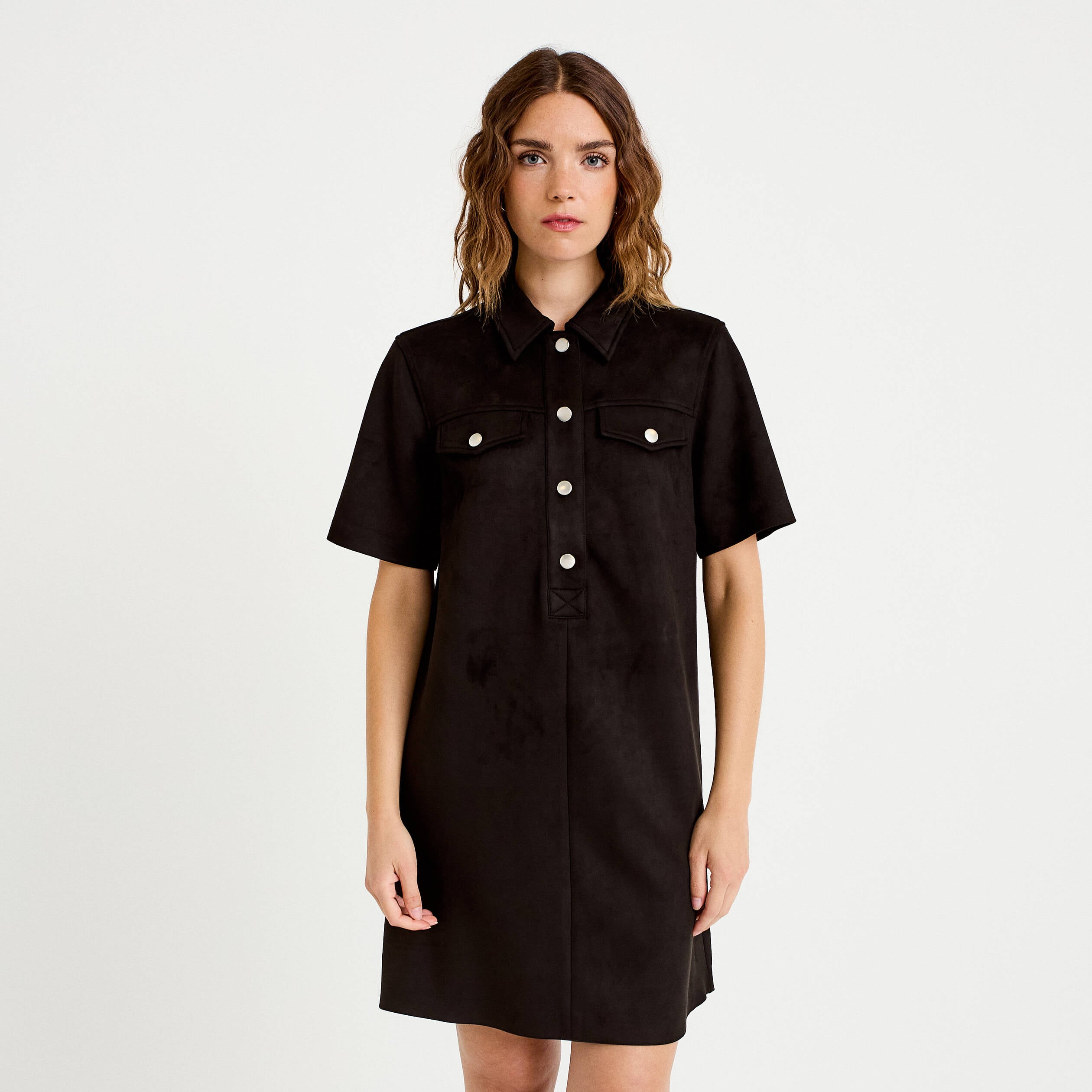 Robe droite 3/4 manches courtes daim noir femme