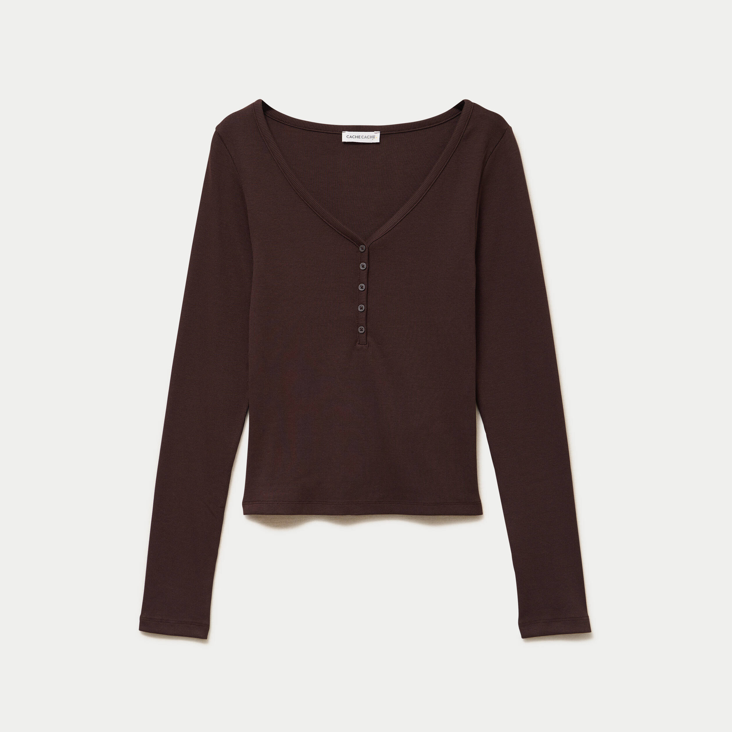 T-shirt c&ocirc;tel&eacute; ajust&eacute; manches longues marron fonc&eacute; femme