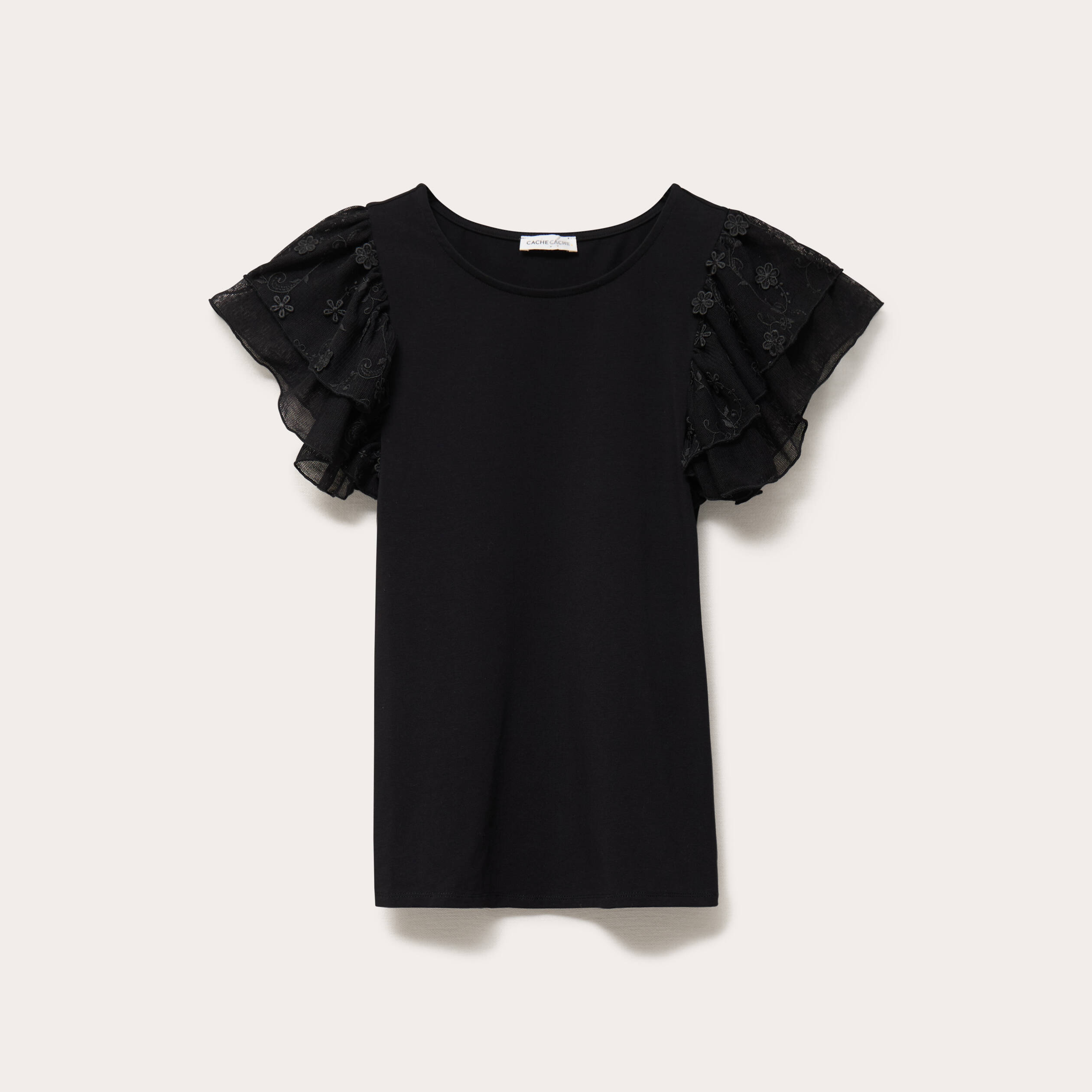 T-shirt ajust&eacute; dentelle col rond noir femme