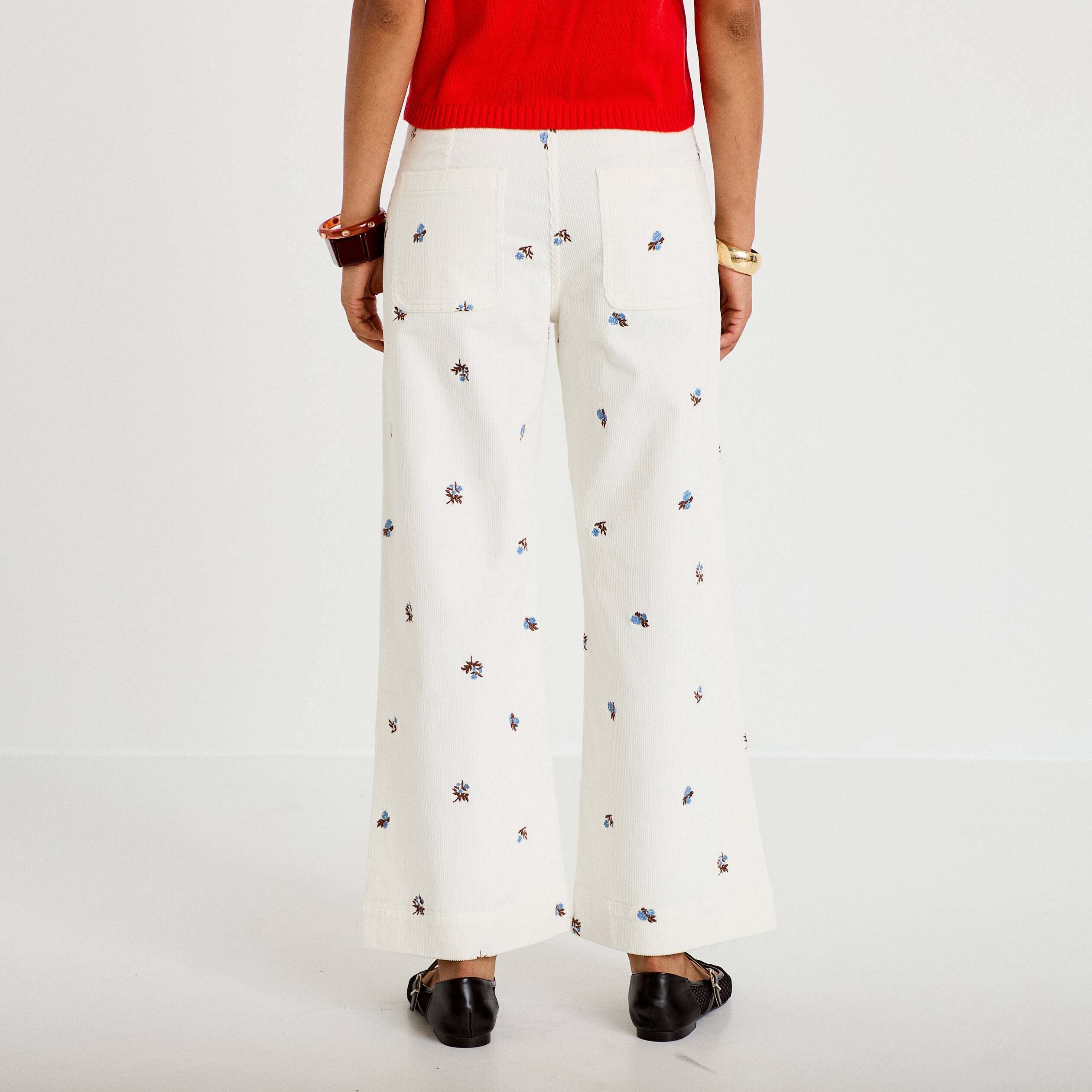 Pantalon wide leg taille haute velours blanc femme