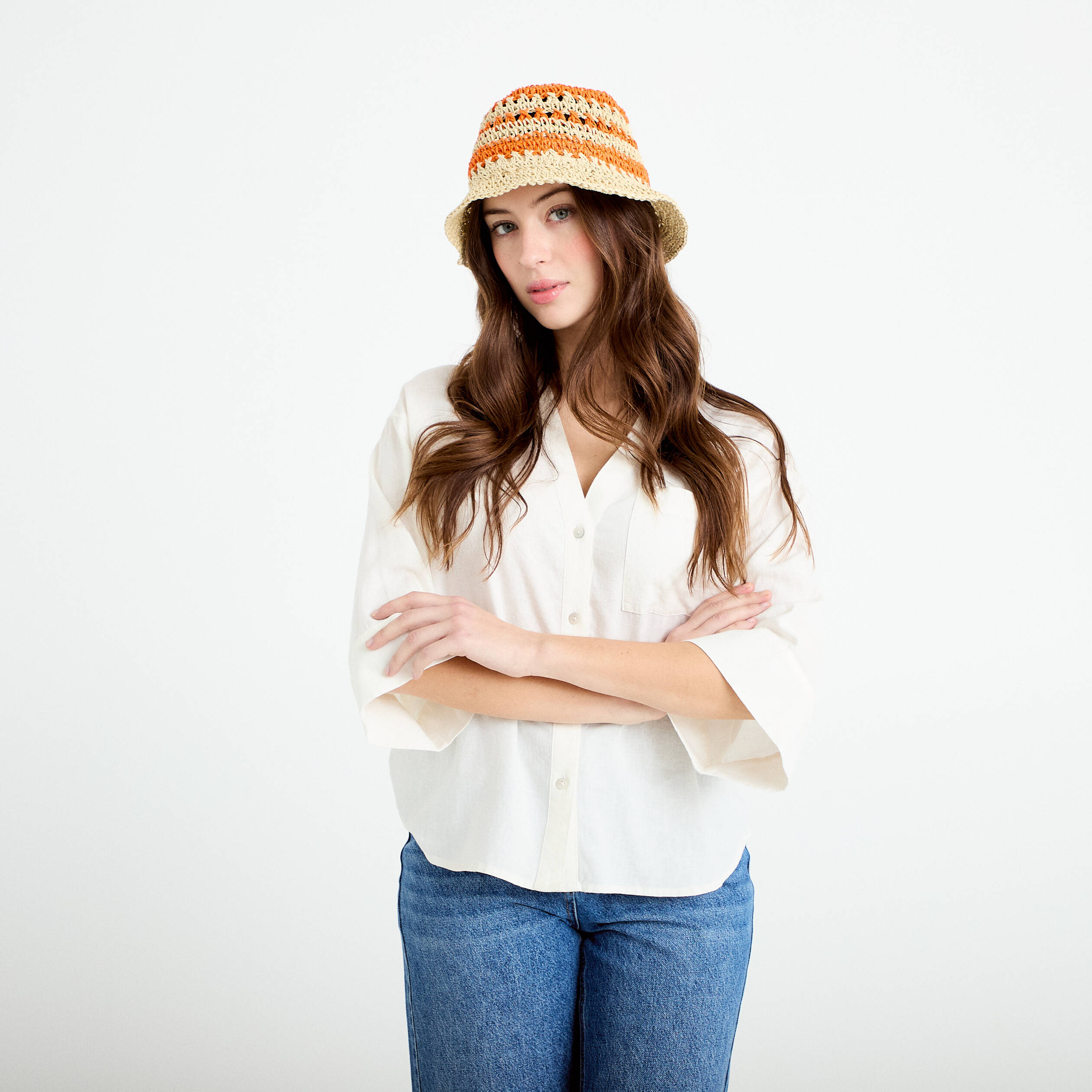 Blouse col V manches 3/4 ecru femme