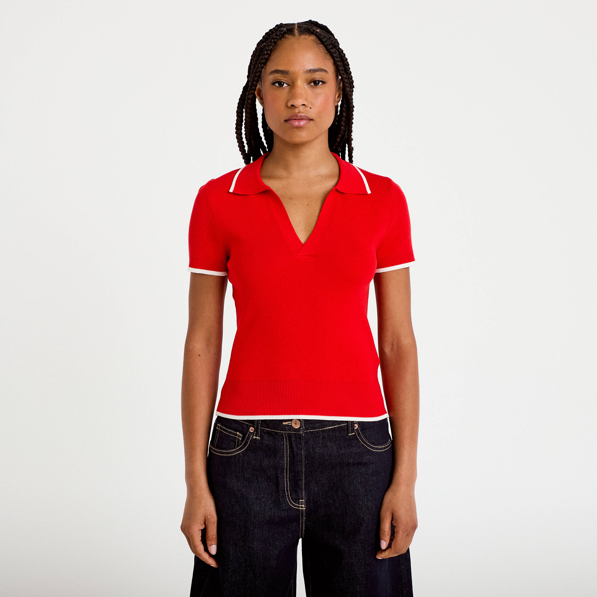 Pull manches courtes col polo rouge femme