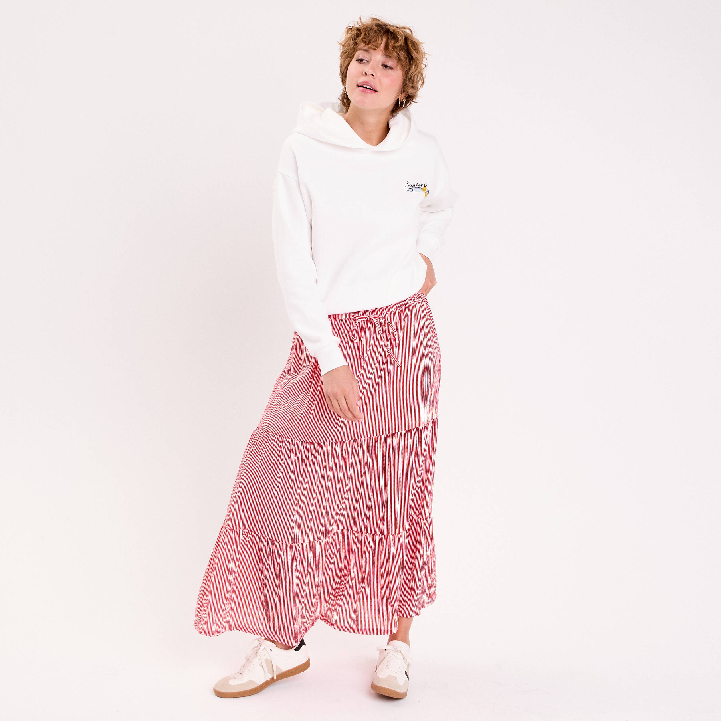 Jupe longue trap&egrave;ze rouge vif femme