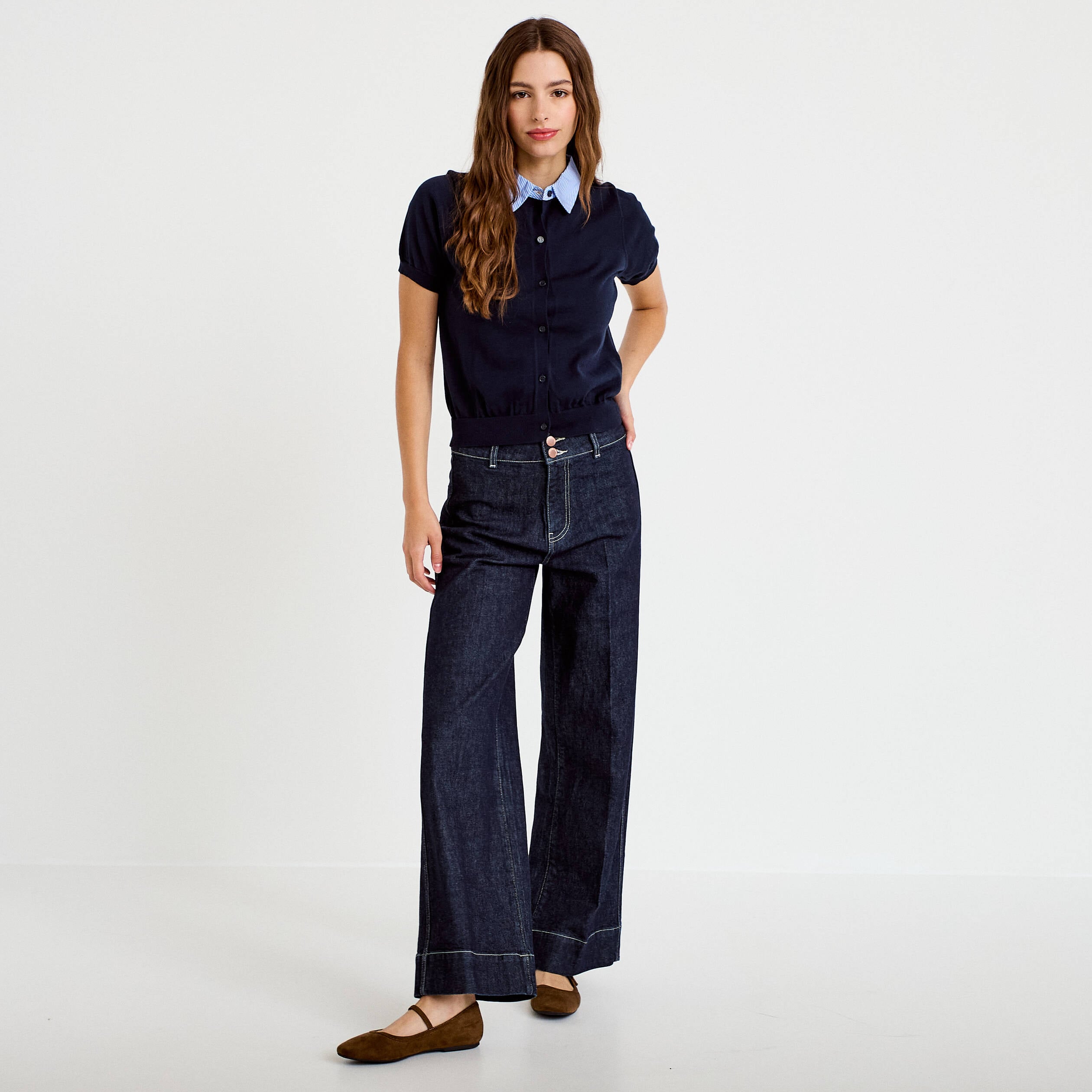 Polo col chemise manches courtes bleu marine femme