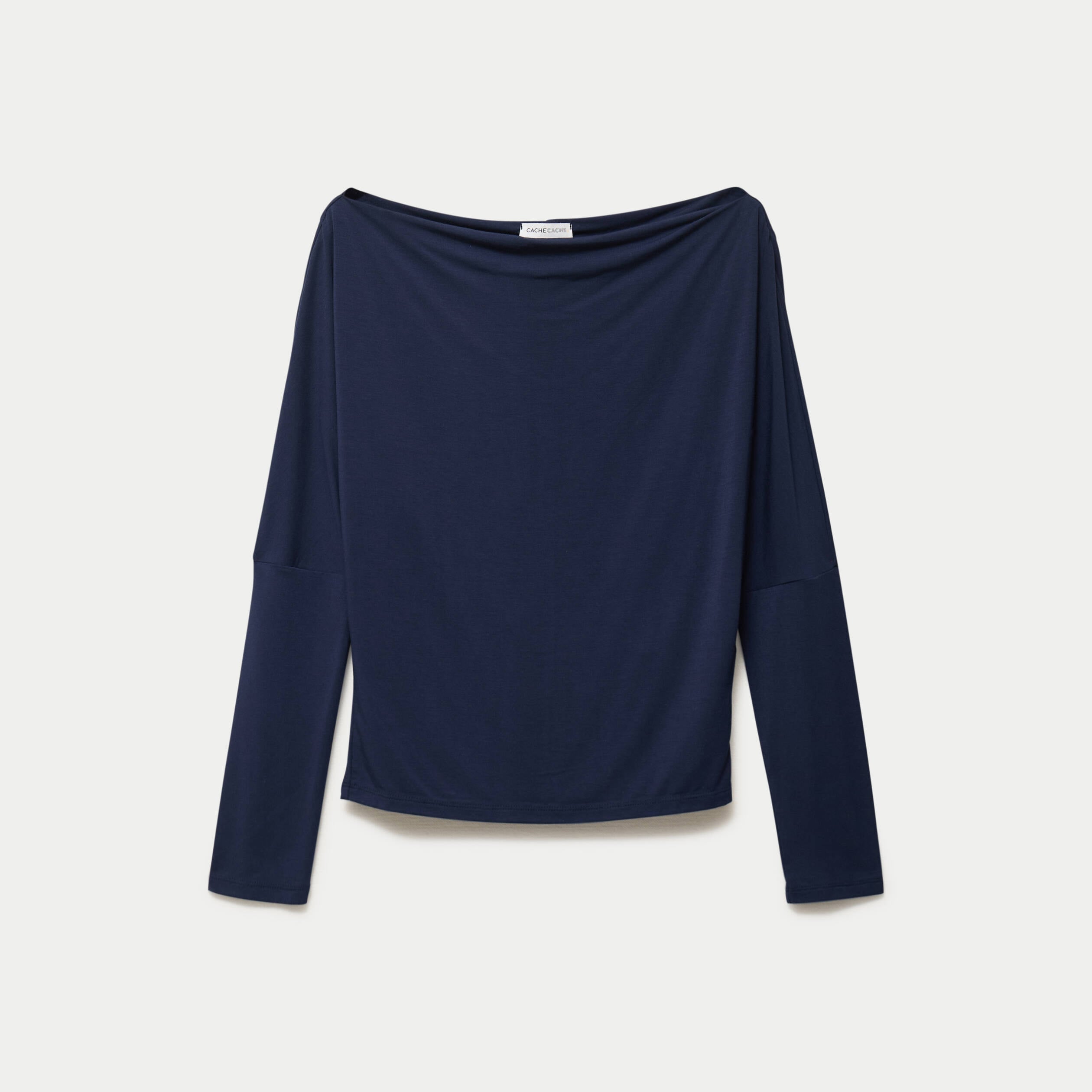 T-shirt col bateau manches longues bleu marine femme