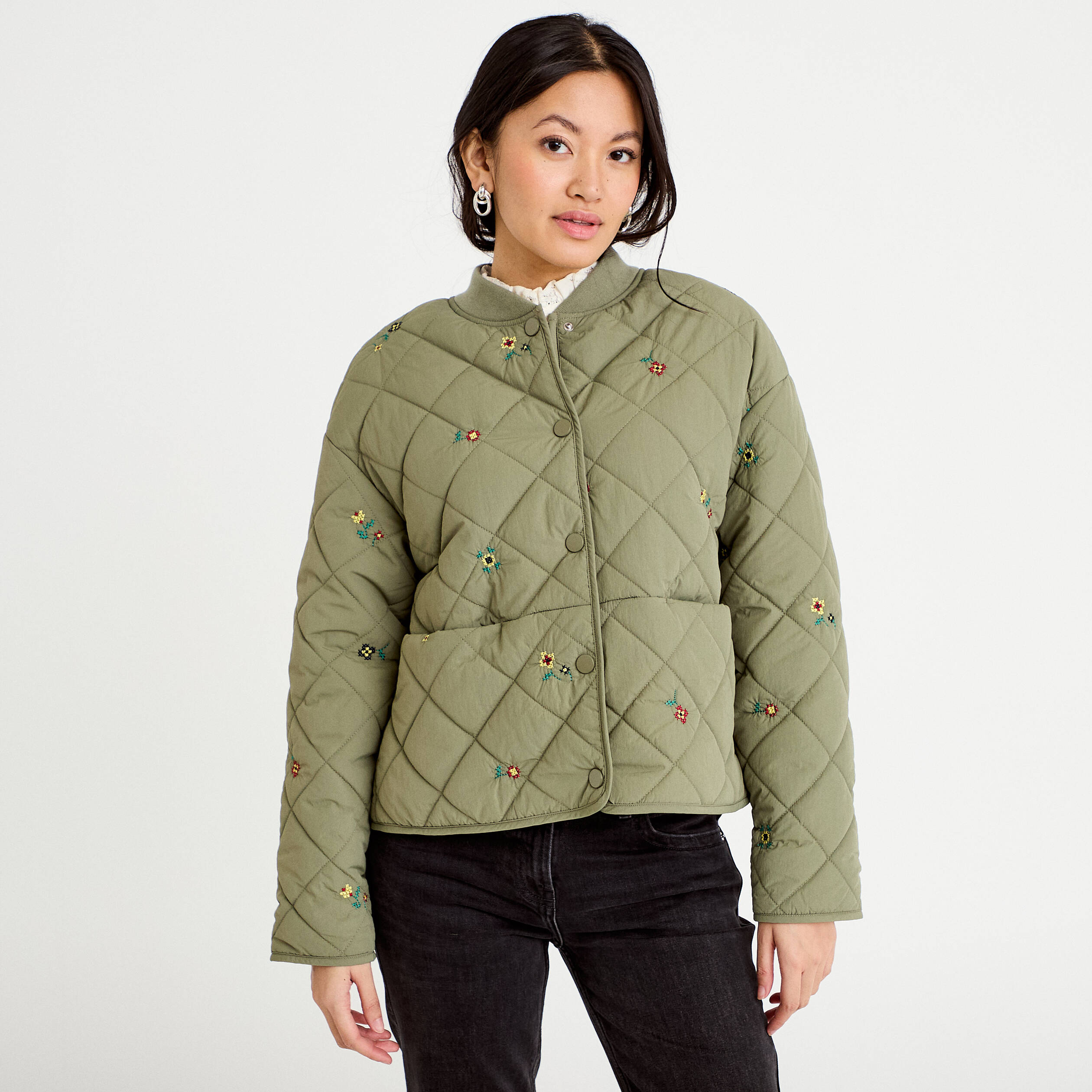 Veste matelass&eacute;e brod&eacute;e vert kaki femme