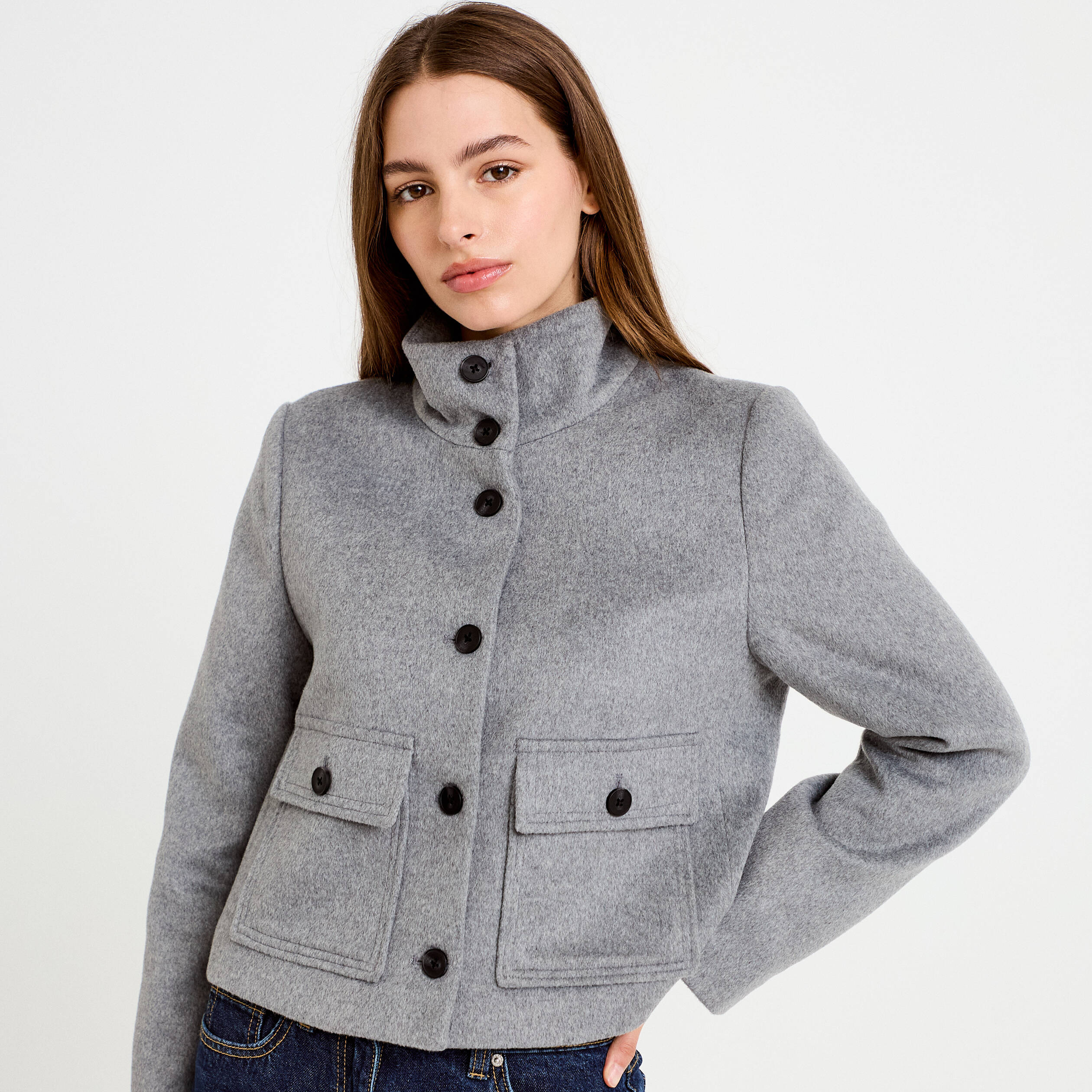 Veste courte aspect laineux gris femme
