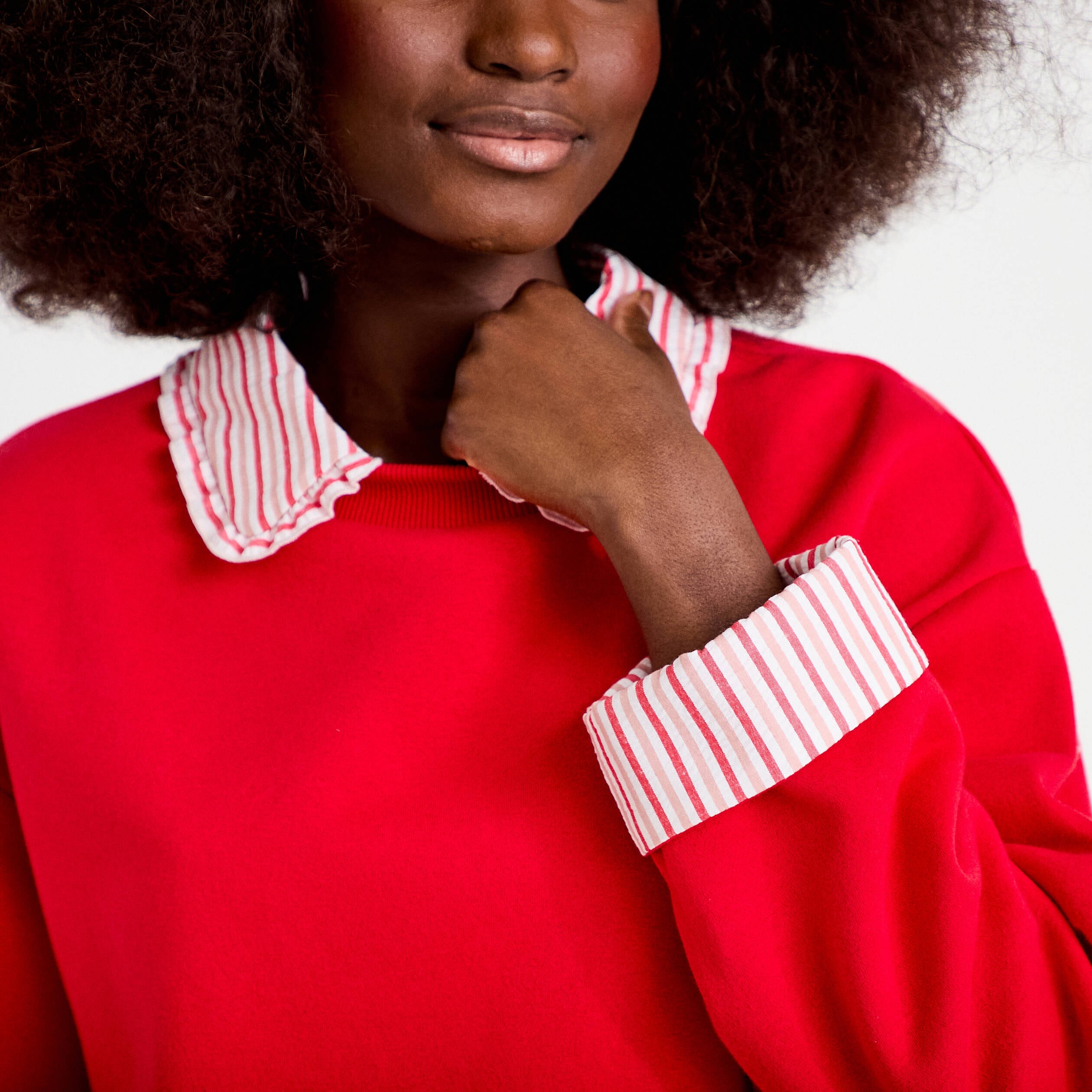 Sweat col chemise manches longues rouge femme