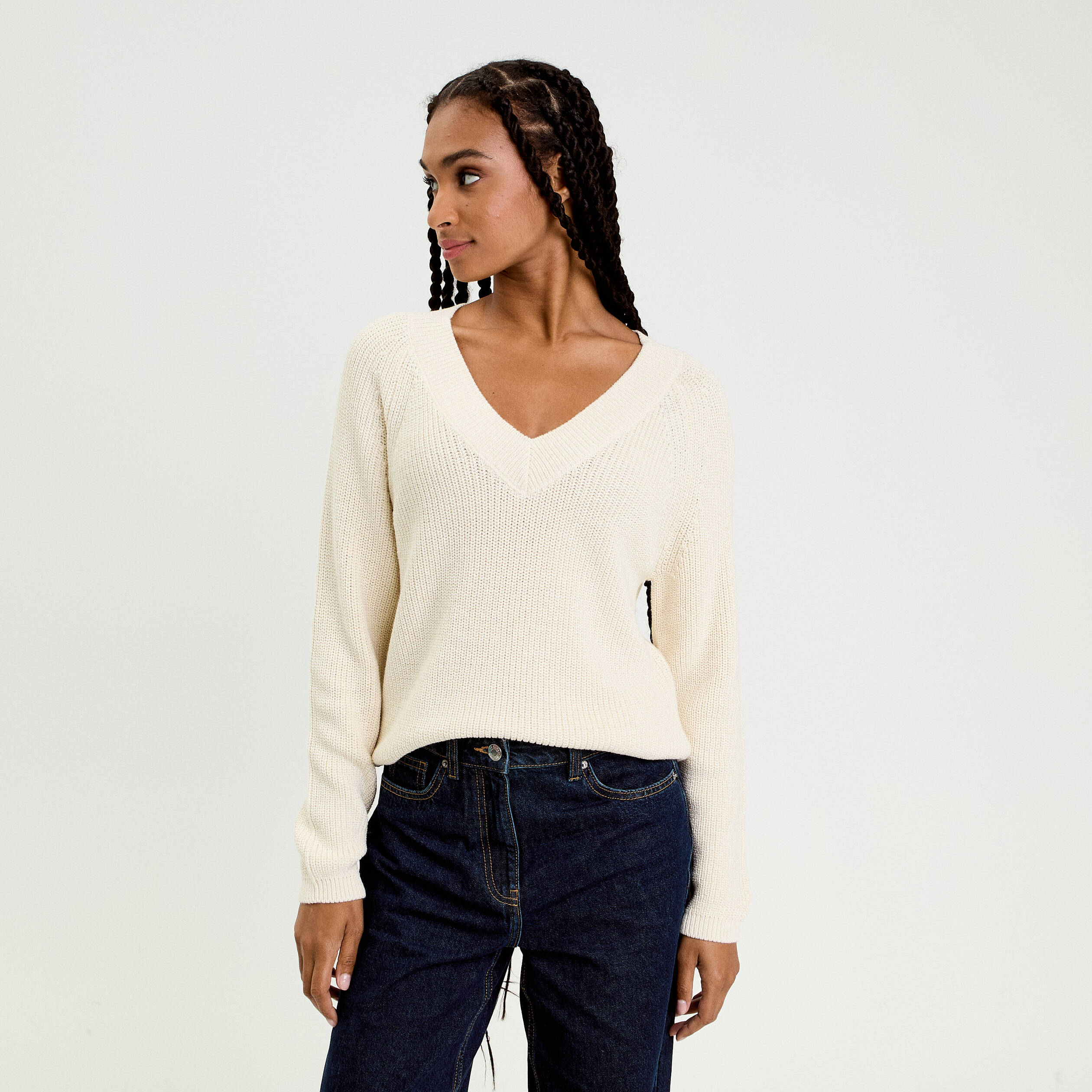 Pull col v manches longues ivoire femme