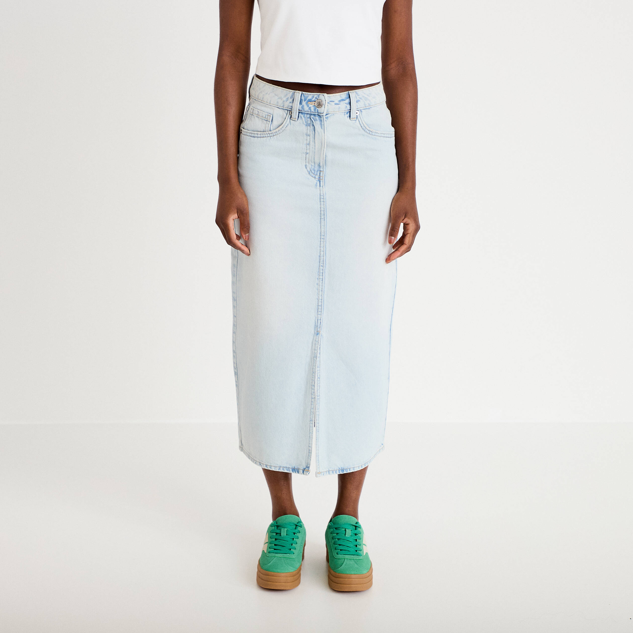 Jupe droite midi en jean 5 poches denim bleach femme