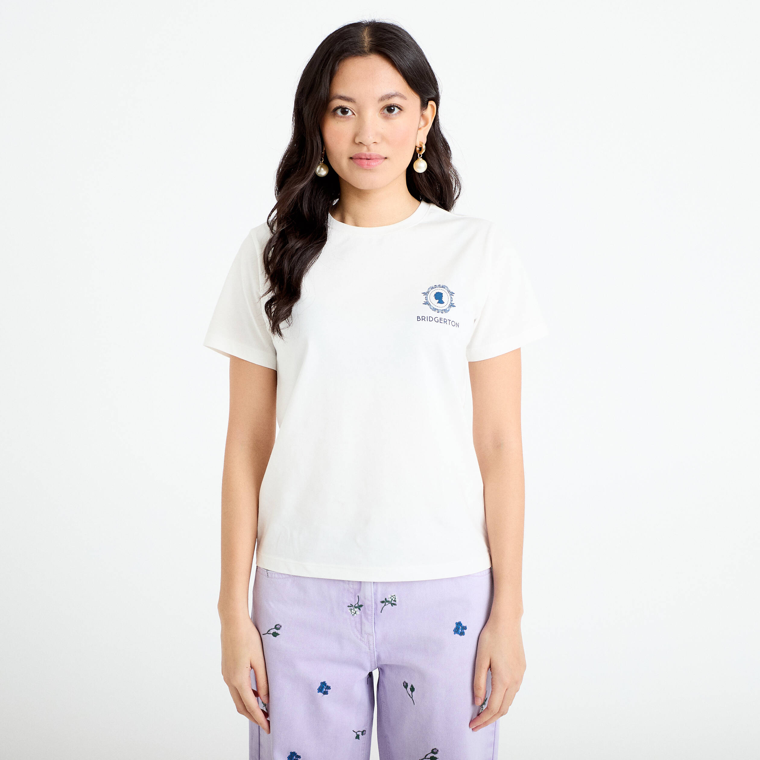 T-shirt imprim&eacute; fleurs Bridgerton ecru femme