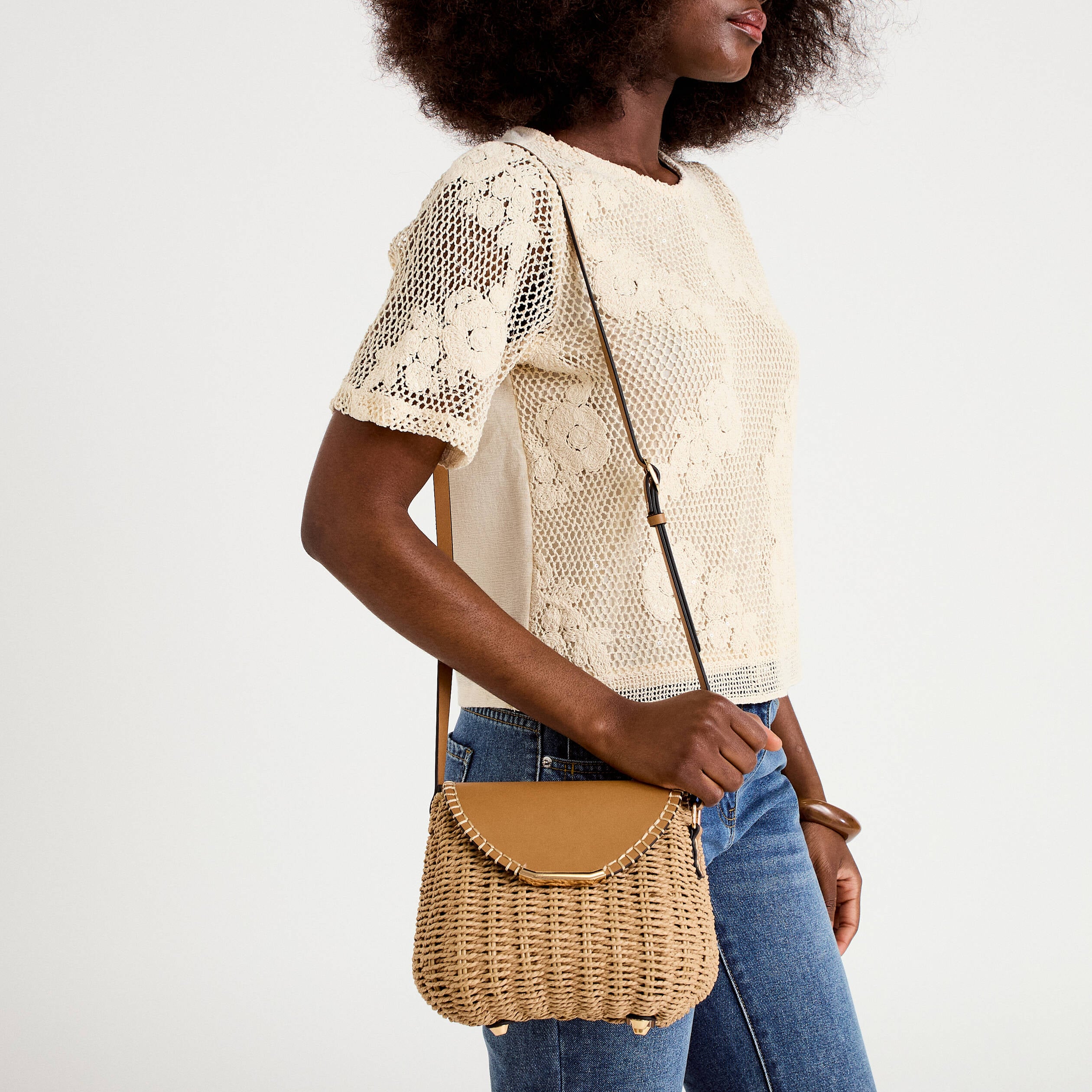 Sac bo&icirc;te paille camel femme