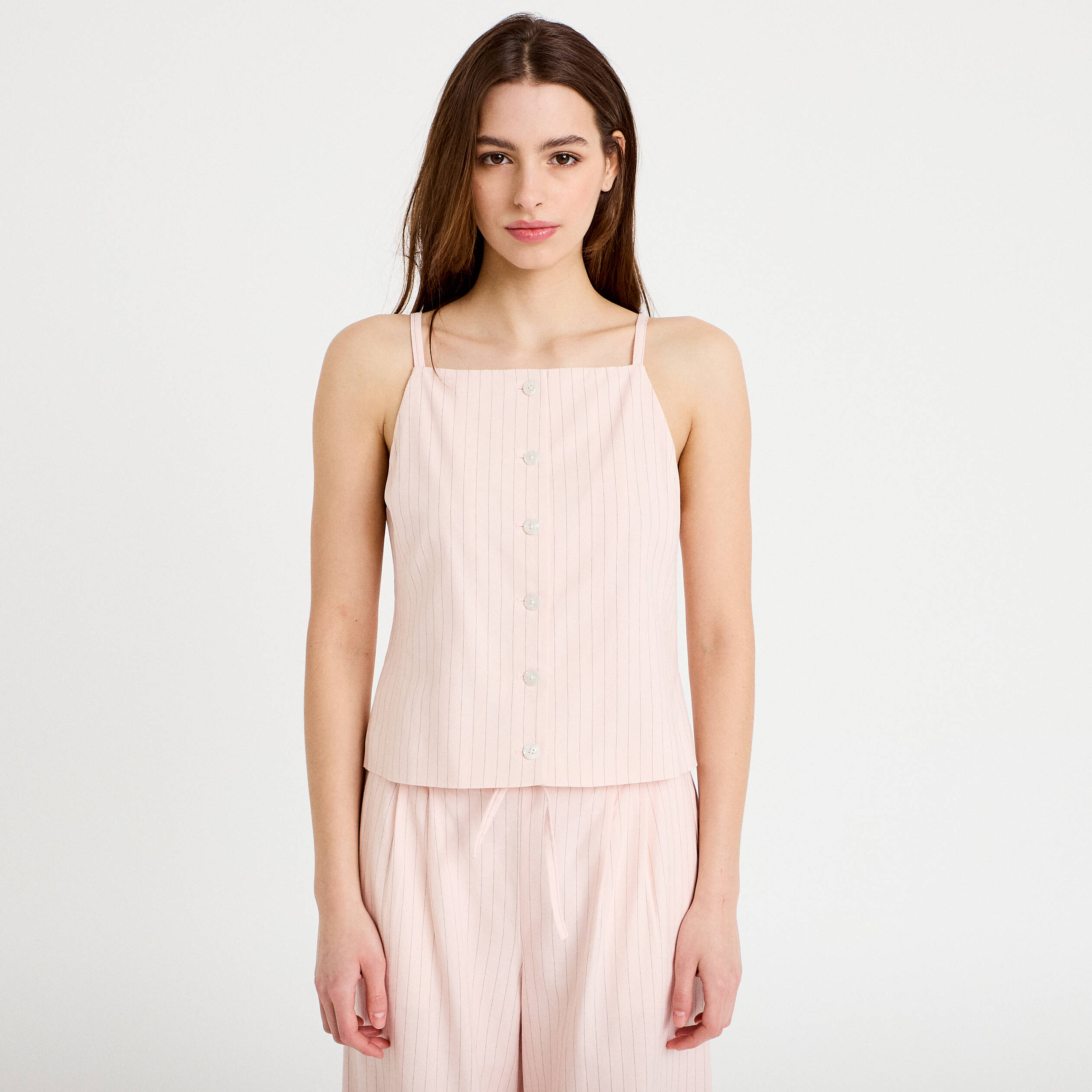 Gilet ajust&eacute; col v bretelles fines rose femme
