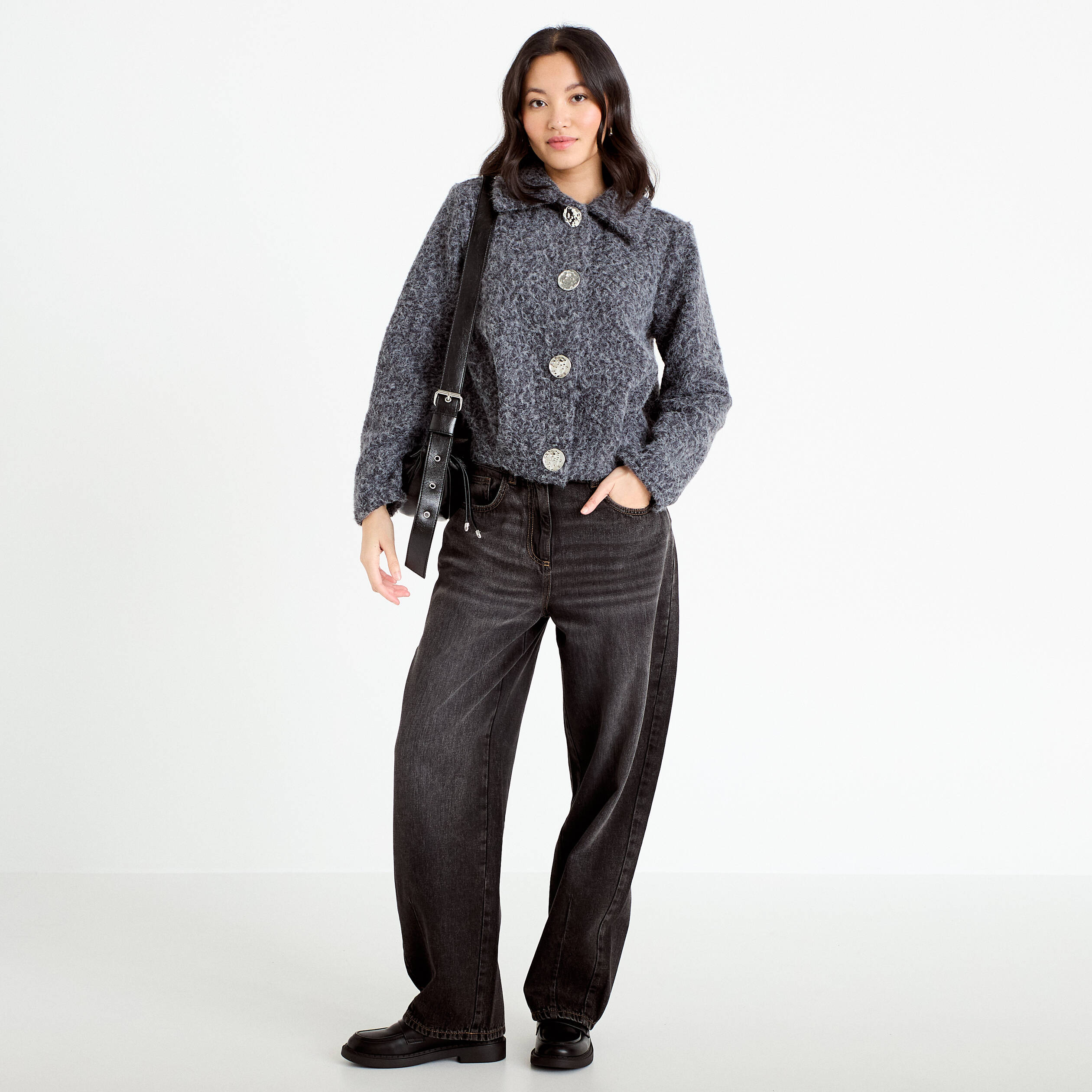 Veste manches longues col tailleur gris fonc&eacute; femme