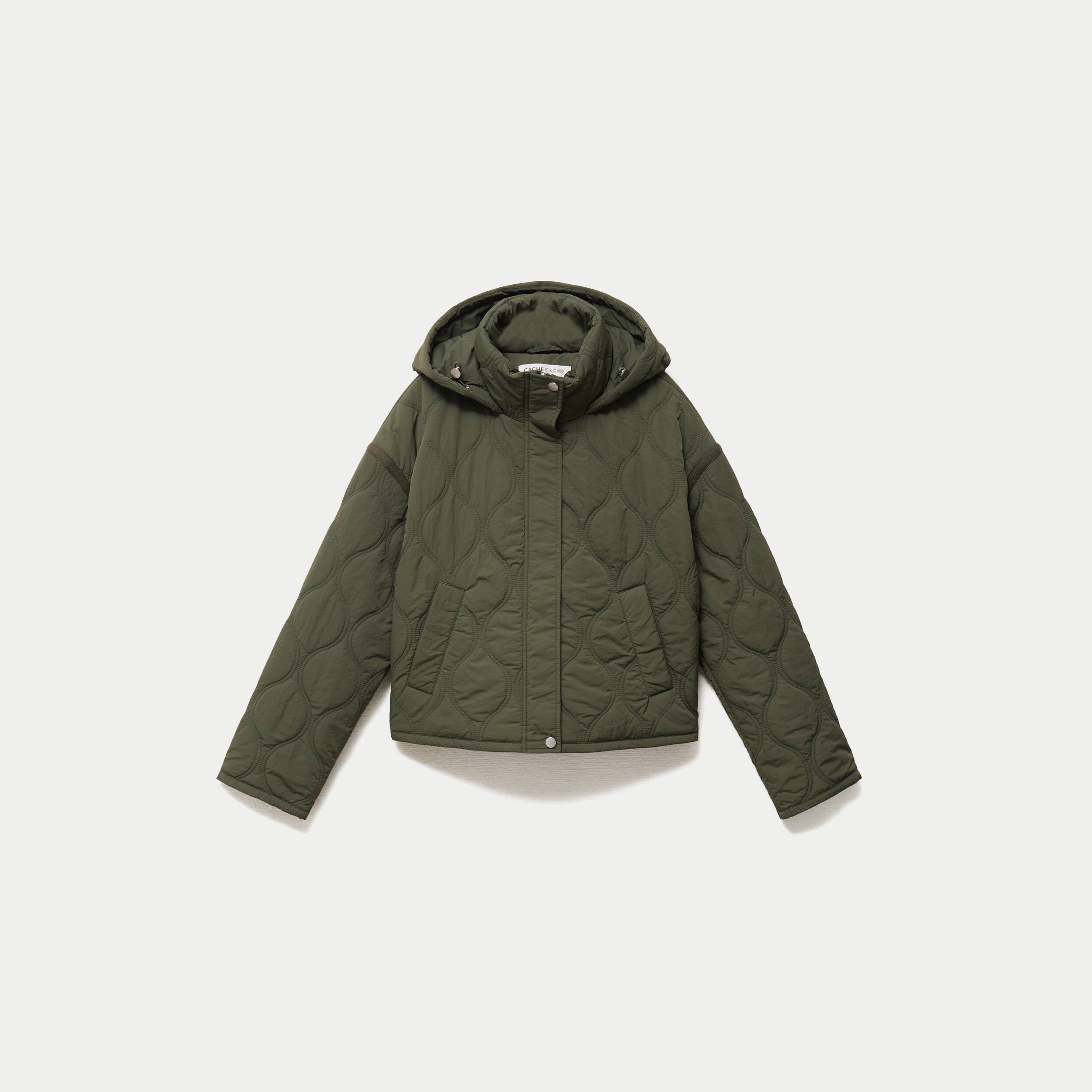 Veste droite &agrave; capuche manches longues vert kaki femme