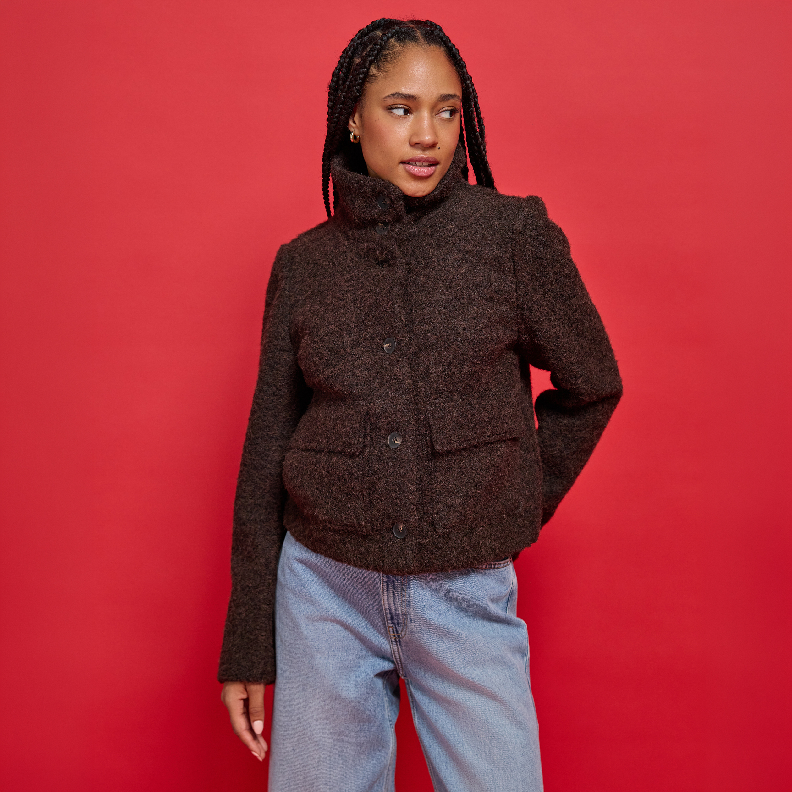 Veste droite bouclette col montant marron fonc&eacute; femme