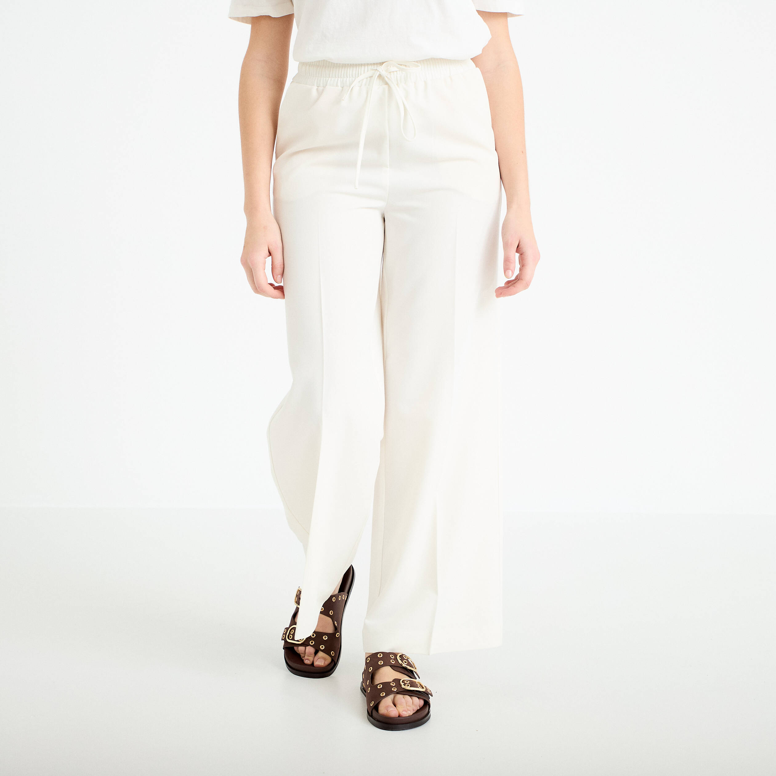 Pantalon large taille &eacute;lastiqu&eacute;e ecru femme