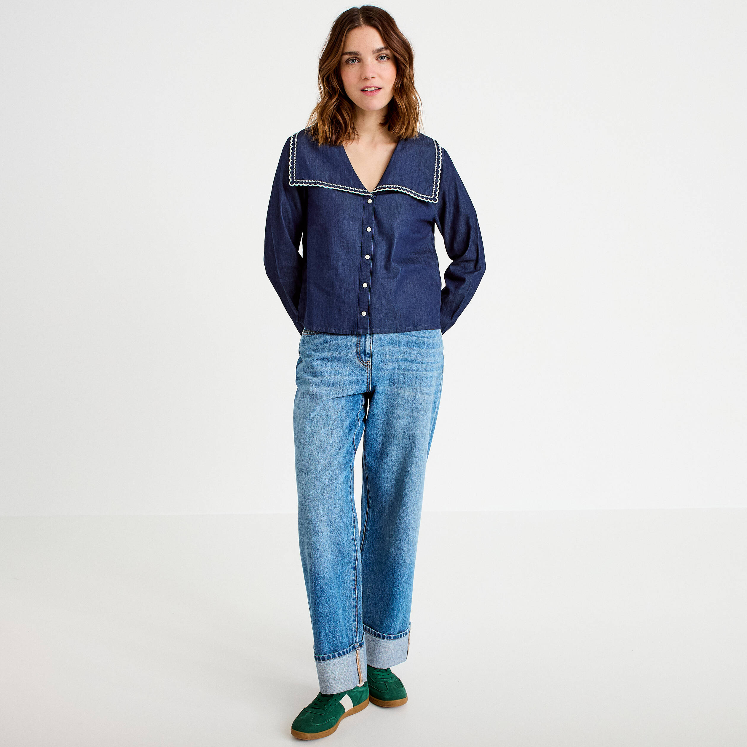 Chemise col marin denim double stone femme