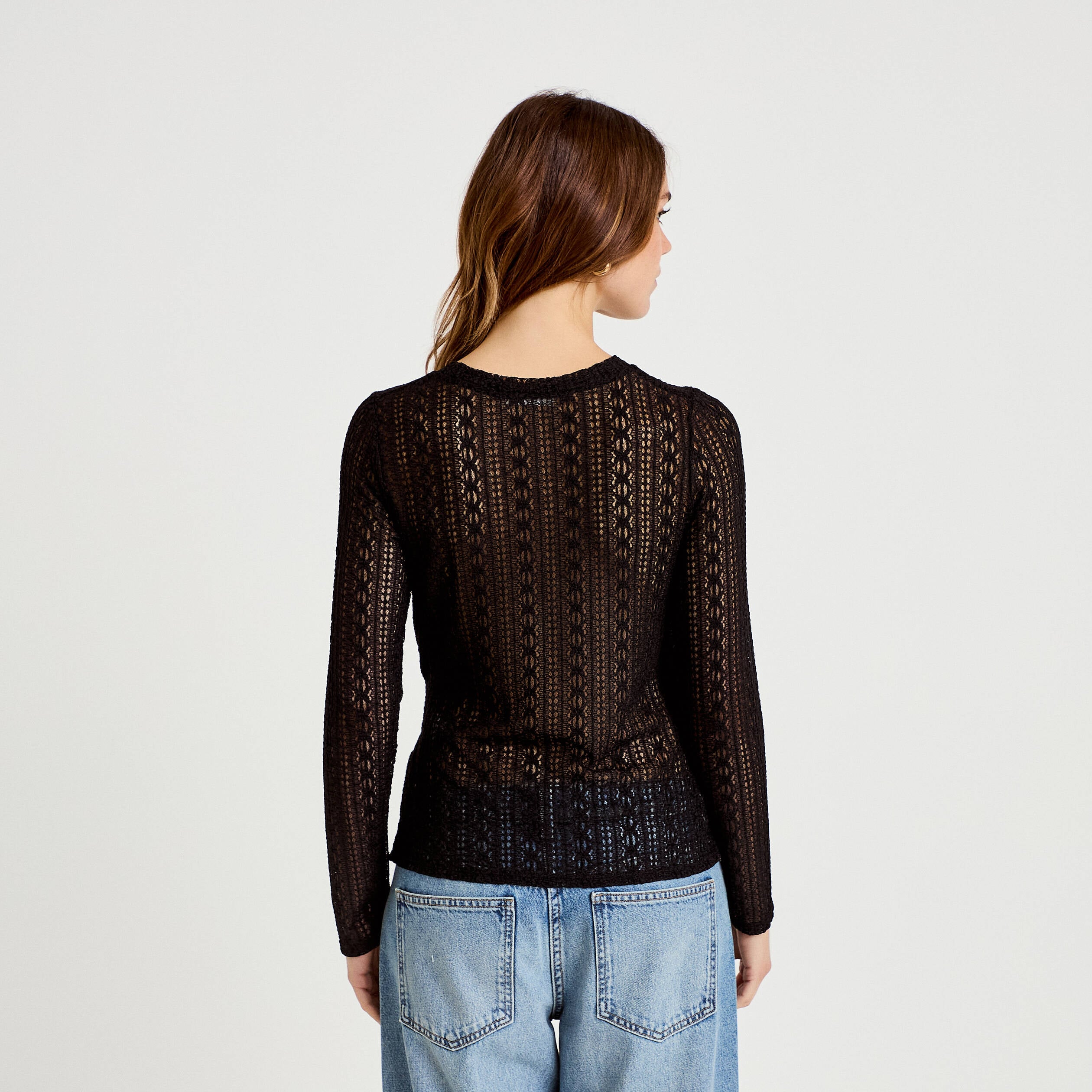 Top droit manches longues dentelle noir femme